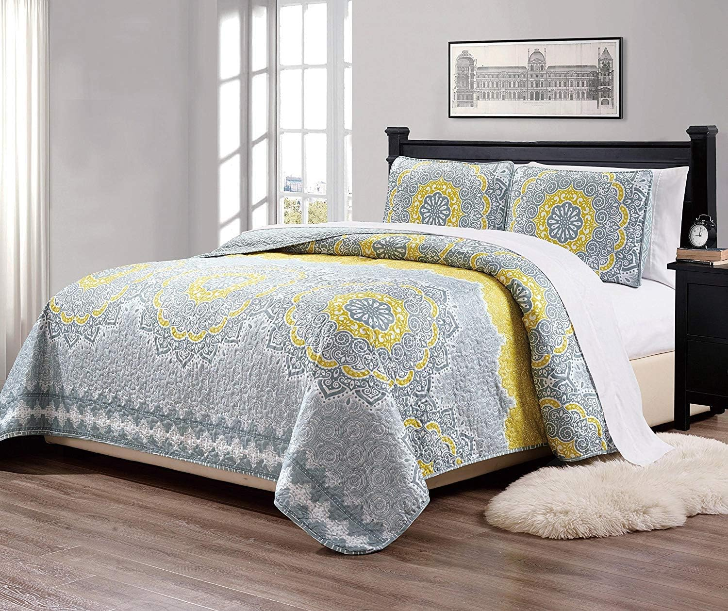 Linen plus Quilted Bedspread Floral Yellow Coastal Plain/Gray Green New, 7Pc Queen image number 3