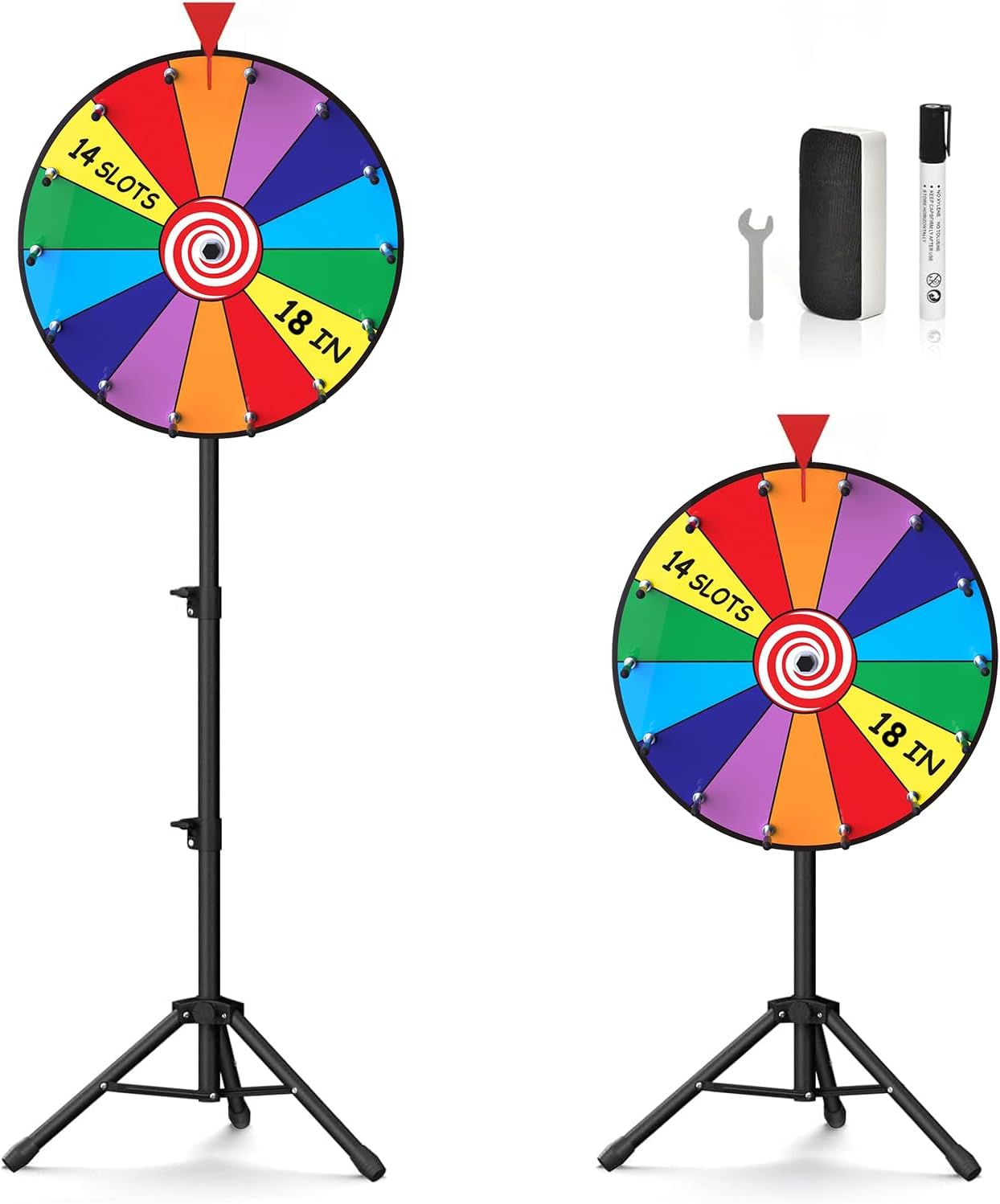 46CM Spinning Prize Wheel - 14 Slots Color Roulette Spinner with Adjustable Folding Tripod Floor Stand. Includes Marker and Eraser.Play Fortune Spin Game at Trade Show, Carnival.