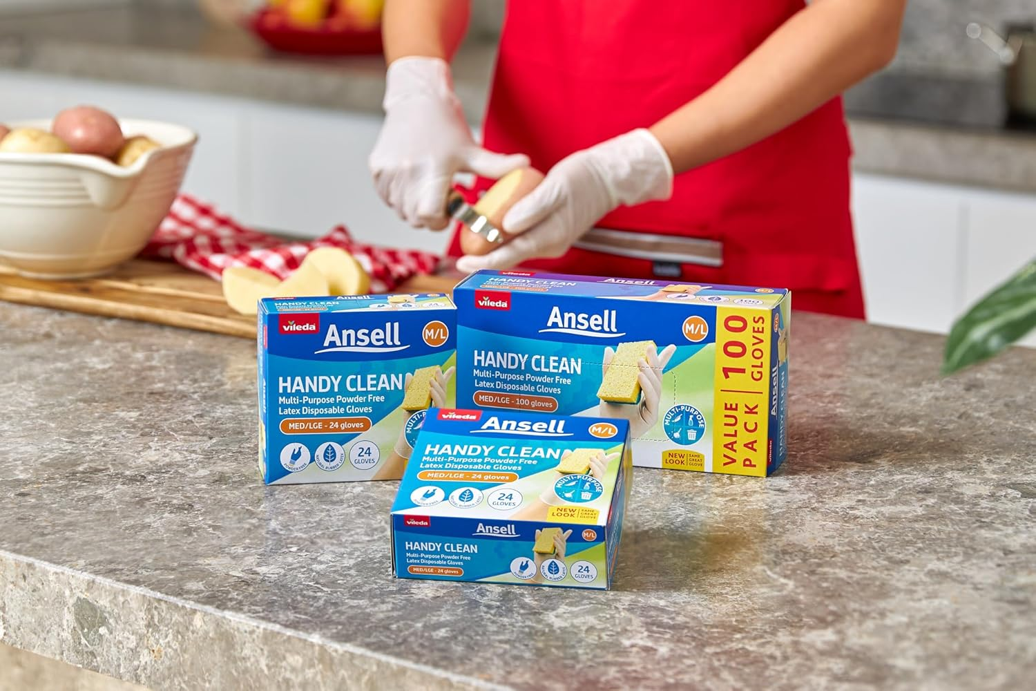 Vileda Ansell Handy Clean Disposable Latex Gloves | Powder Free | Sensitive Touch | Multi-Purpose Disposable Gloves - Perfect for Safe, Hygienic and Versatile Use | Box of 100 | Size Medium/Large image number 1