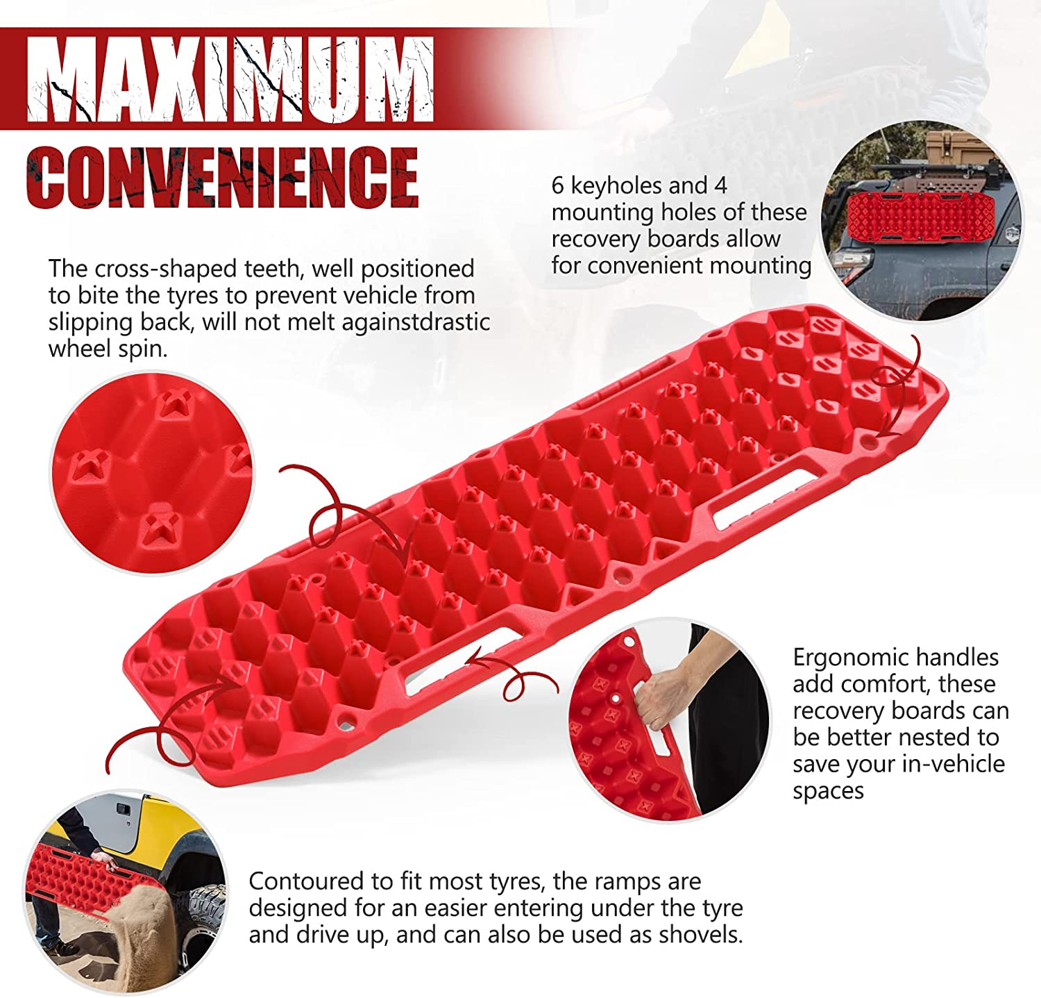 BUNKER INDUST Recovery Traction Boards - Bentable 120&deg; Load Capacity 10 Tons Offroad Tracks for ATV UTV 4WD 4X4 for Automotive Accessories Tires and Wheels in Sand Snow Mud, Red image number 2