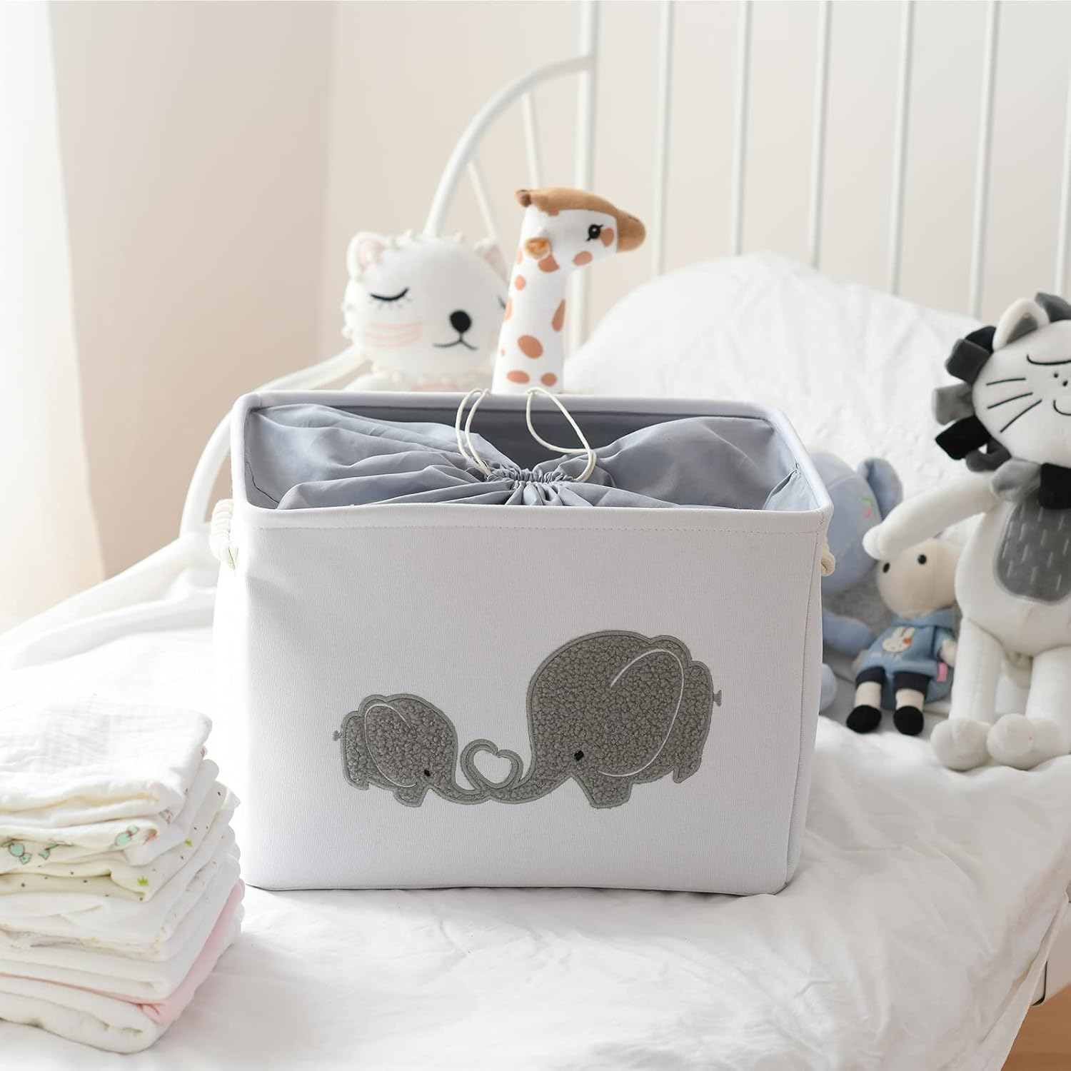 Inough Baby Gift Baskets Empty Large Storage Container Fabric Toys Basket, Elephant Toy Box with Drawstring Closure for Wipes and Diapers, Nursery Organizers Kidsroom Room, Grey Furry Elephant