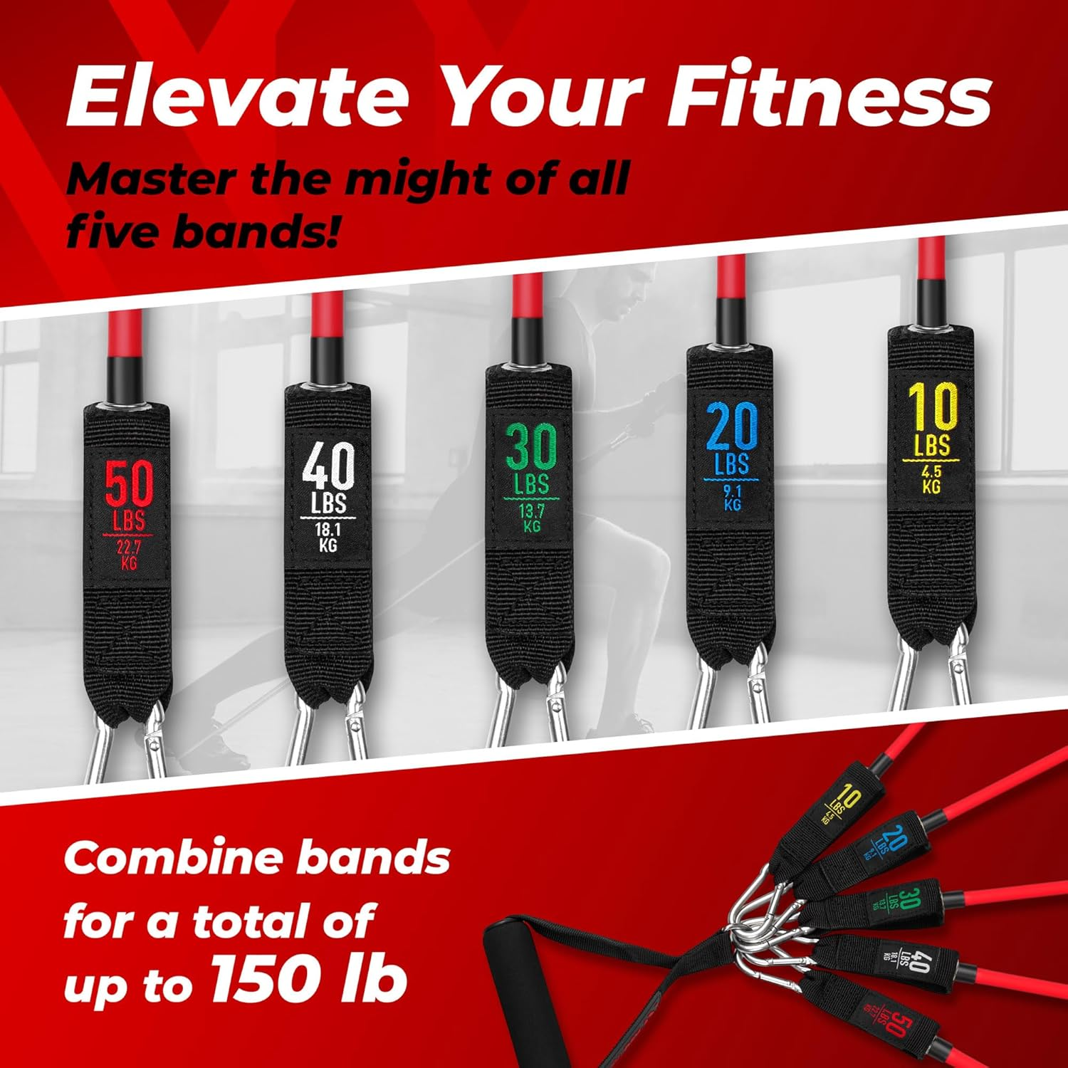 Tube Resistance Bands, 5 Exercise Bands, 10&ndash;50 Lb, Tough Exercise Equipment Made of Durubbex, Resistance Bands for Working Out W/Ankle Straps & Door Anchor, Fitness & Workout Equipment image number 1