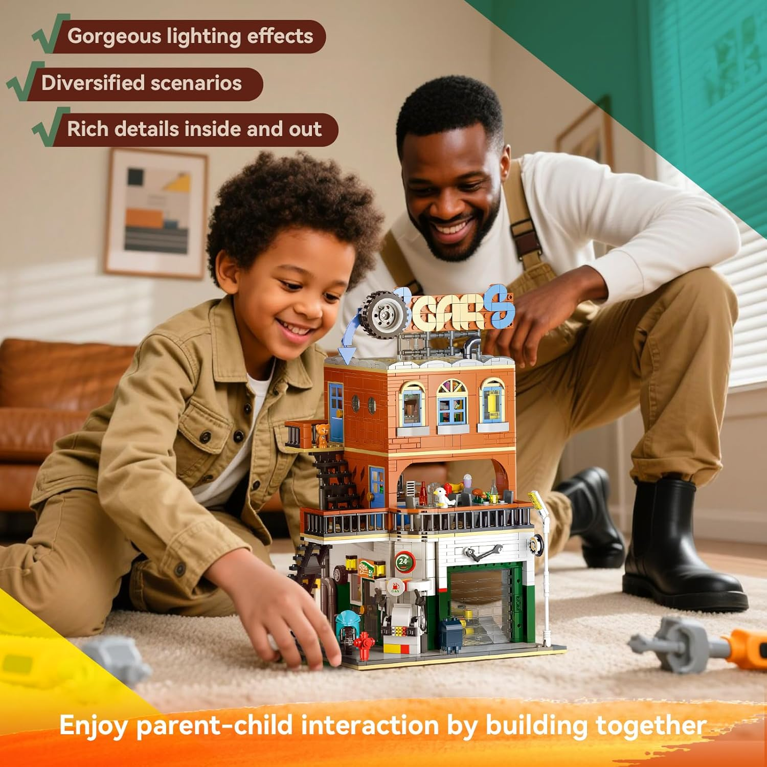 2 in 1 City Building Set, Compatible with  City House with LED Light, Street View Car Repair Shop Architecture Modular Construction Kit, Toys Gift for Adults and Kids Boys Aged 8+ (1637 PCS) image number 4