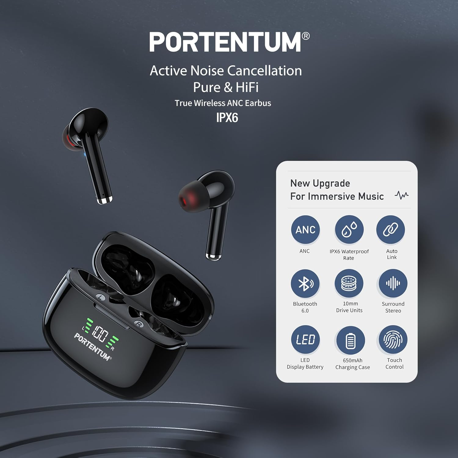 PORTENTUM Wireless Bluetooth 6.0 Headphones - Hybrid ANC + ENC Noise Cancelling - Battery Life 60H - In-Ear Touch Control IPX6 Waterproof - LED Indicator - Hifi Bass 10 Mm - Comfortable Fit - USB-C image number 6