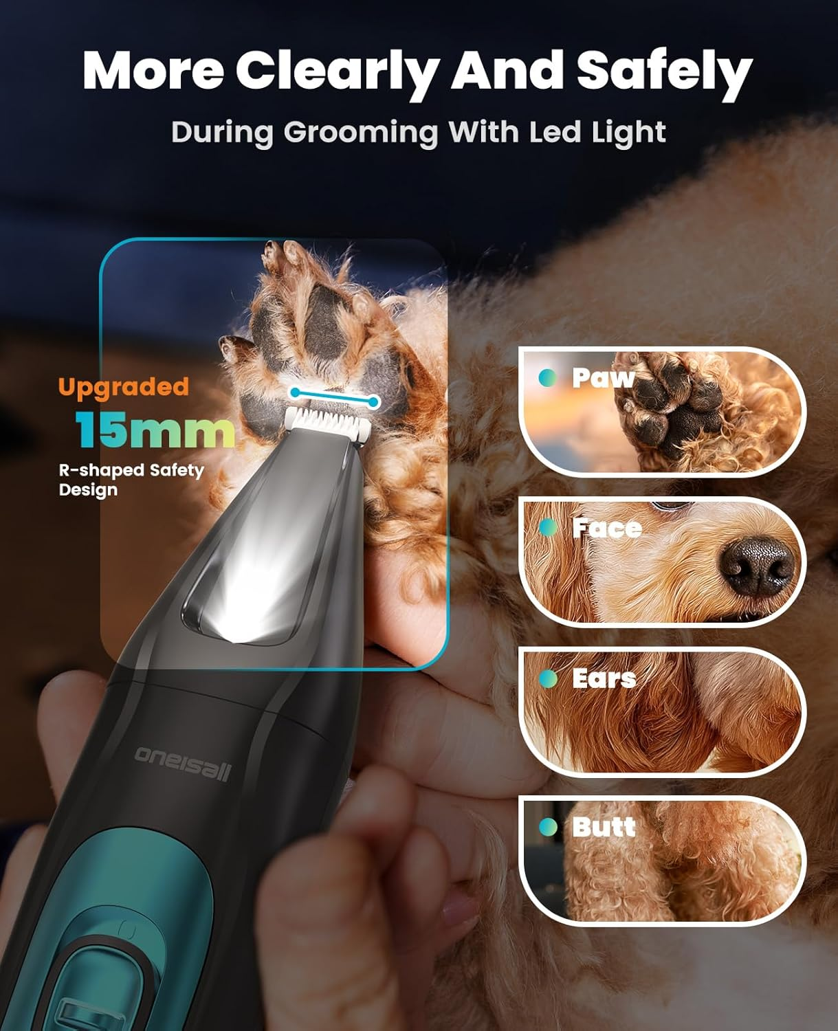 Oneisall Dog Clippers & Paw Trimmer 4 in 1 Grooming Kit, Pet Grooming Clippers with LED Light for Full-Body Grooming, Cordless Silent Pet Shaver for Dogs Cats image number 5