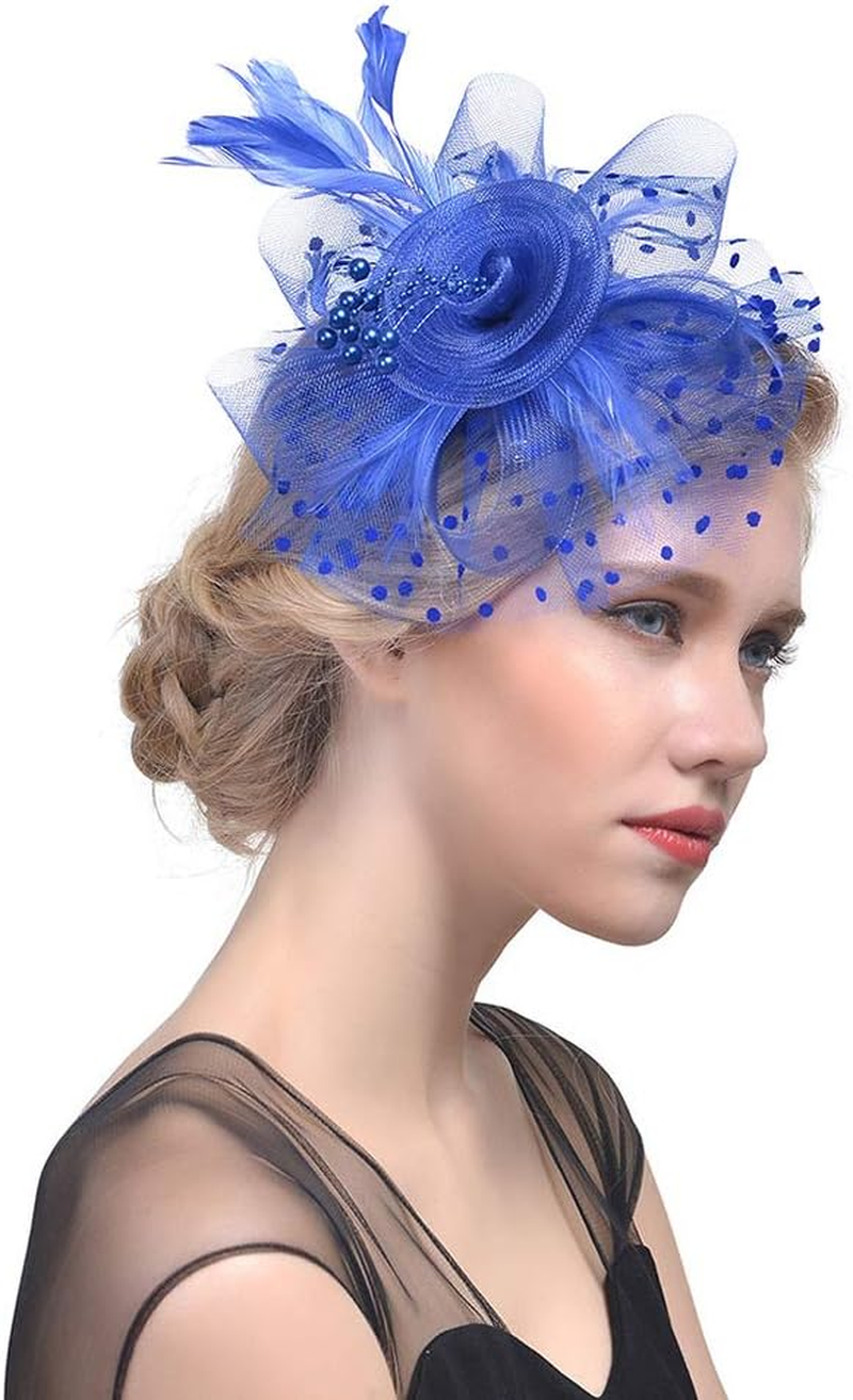 Beaded Feather Net Flower Bridal Derby Hat Fascinator with Clip Hairband