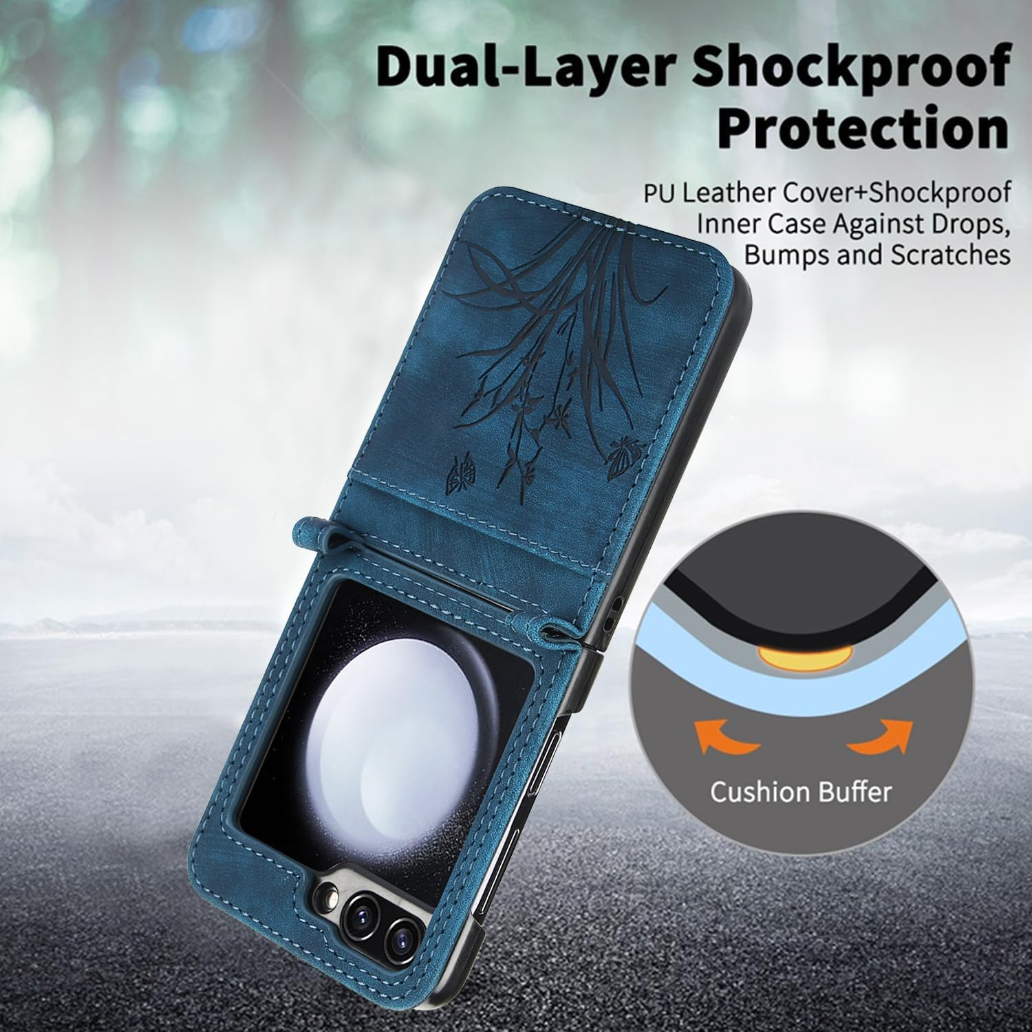 KQXG Case for Samsung Galaxy Z Flip 7 Fe/Samsung Galaxy Z Flip 6 - Shockproof Protective Case, Mobile Phone Case Made of Synthetic Leather, PC Inner - Blue image number 2