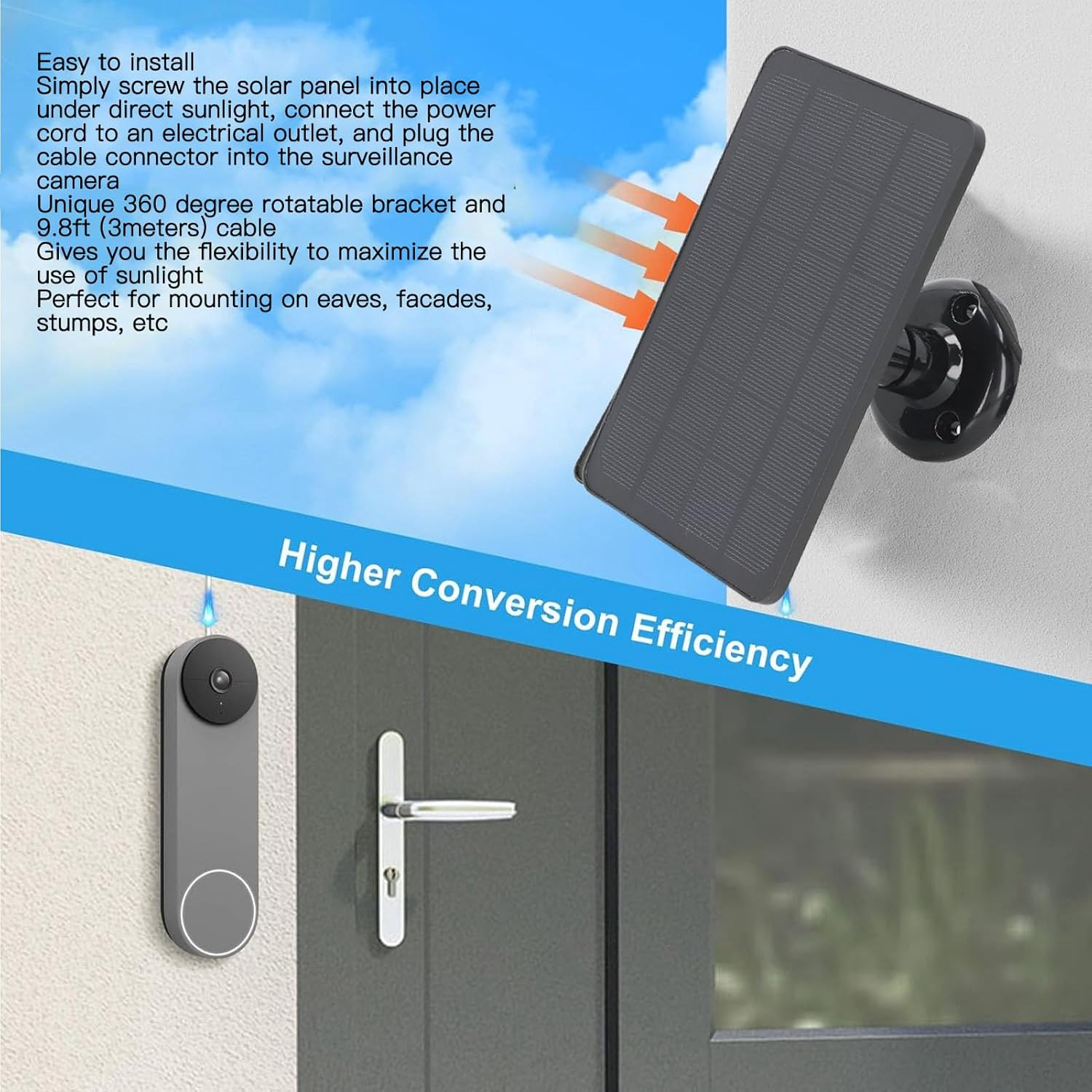 10W Solar Panel for Security Camera, 6V Waterproof Solar with 9.8Ft Cable & 360&deg; Adjustable Bracket, Solar Power Supply for Arlo Pro 3 for Pro 4 (Black) image number 5