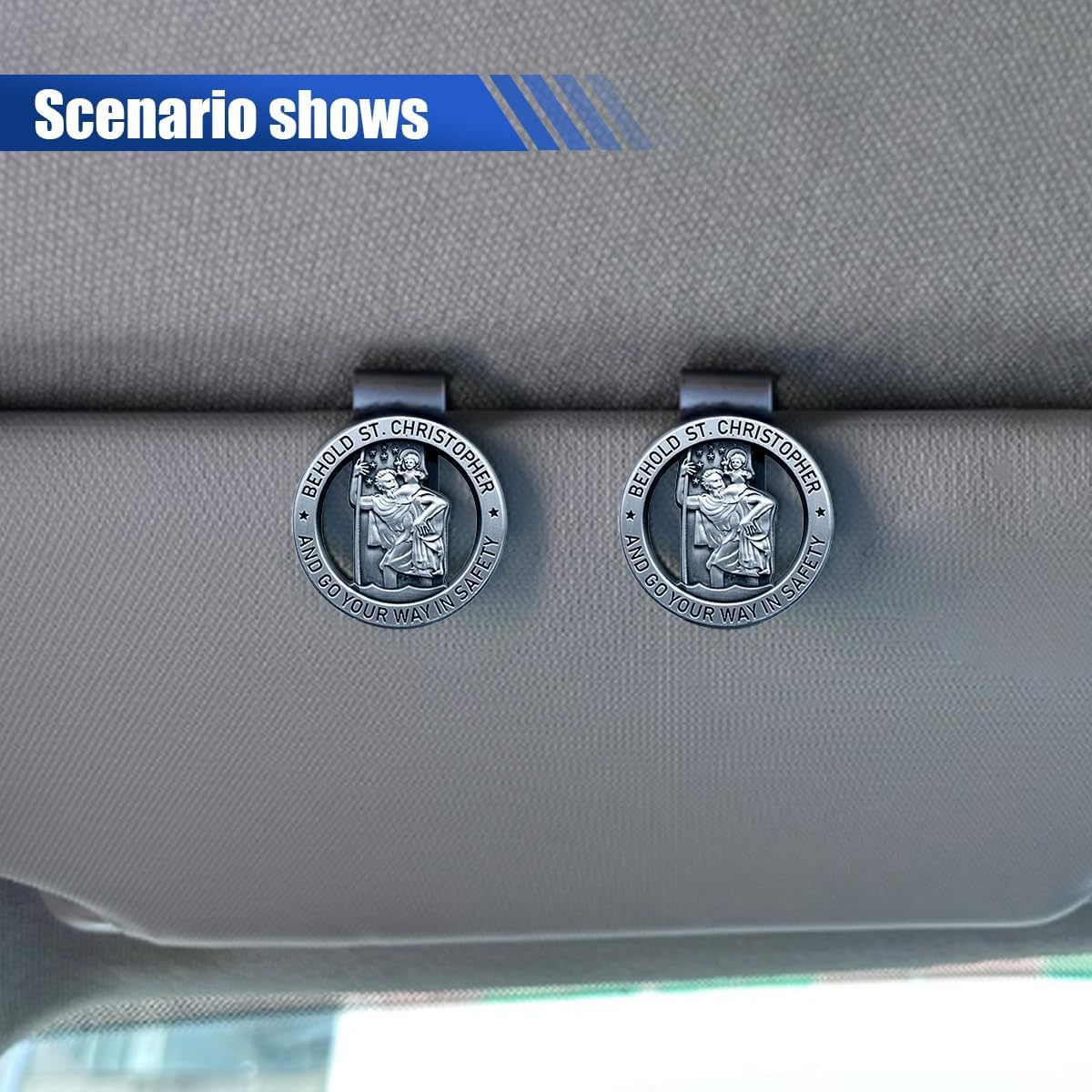 Saint Christopher Medal Visor Clip for Car, Car Visor Clip Accessories, Religious Bless Driving Safety Presents for Parents Family Friends (2PCS) image number 3
