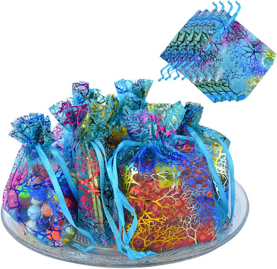 Marrywindix 100Pcs Blue Organza Drawstring Pouches Jewelry Bags, Candy Pouch Chocorate Pouch Party Wedding Favor Gift Bag image number 2