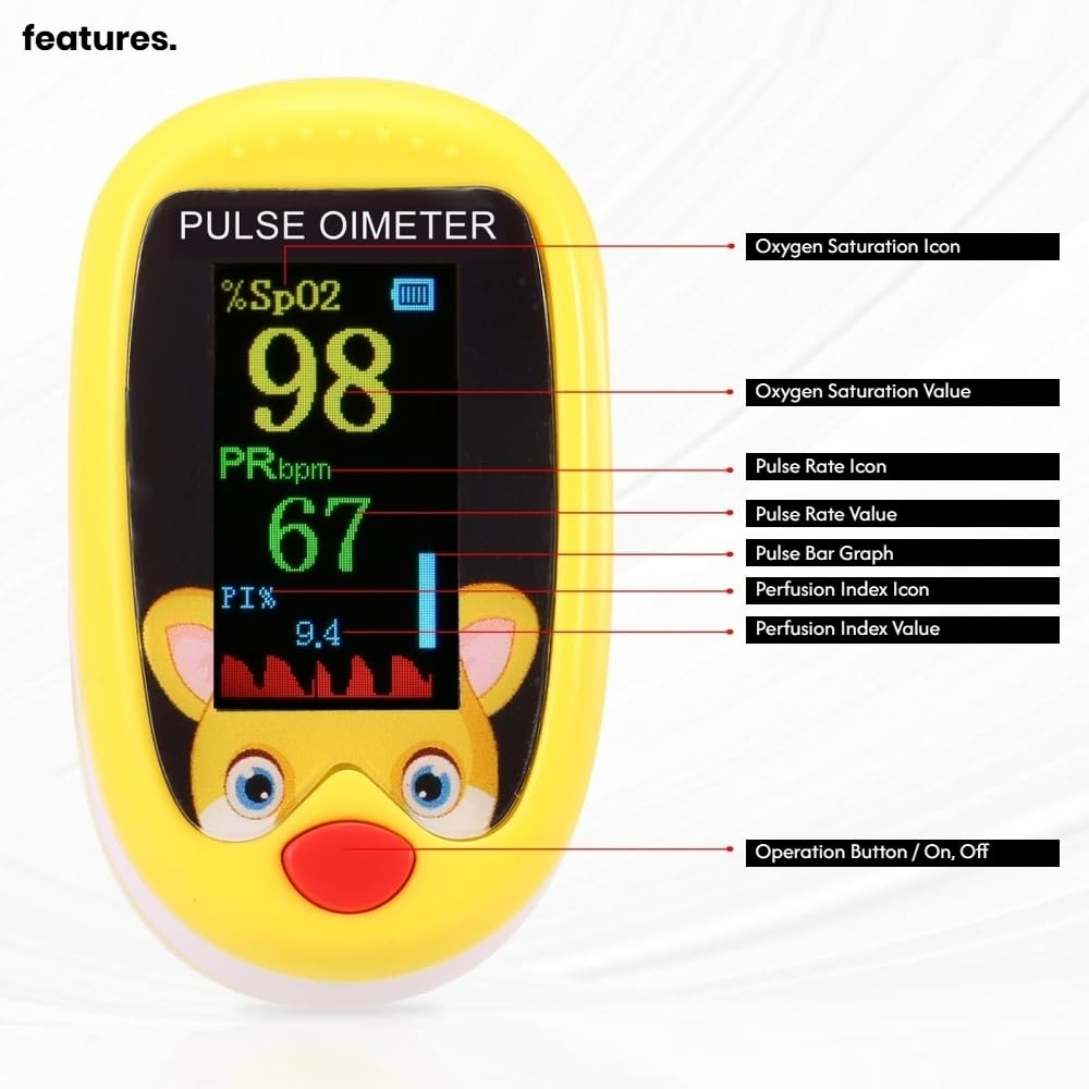 Cute Owl Finger Pulse Kids Oximeter Children Infants Babies Blue Pink | Rechargeable Heart Rate Blood Oxygen Saturation Monitor Spo2 PI LED Display (Pink) - Pink image number 3