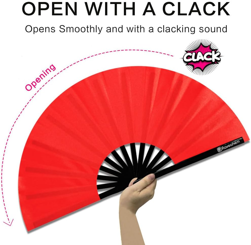 Raveahem 2 Pack Large Folding Hand Fans, Bamboo Handheld Rave Fan Wedding Fan Bamboo Frame Thickened Smooth Fabric for Cooling Decoration Women Men Gril Boy Gift, 13.8" Red - Black image number 2
