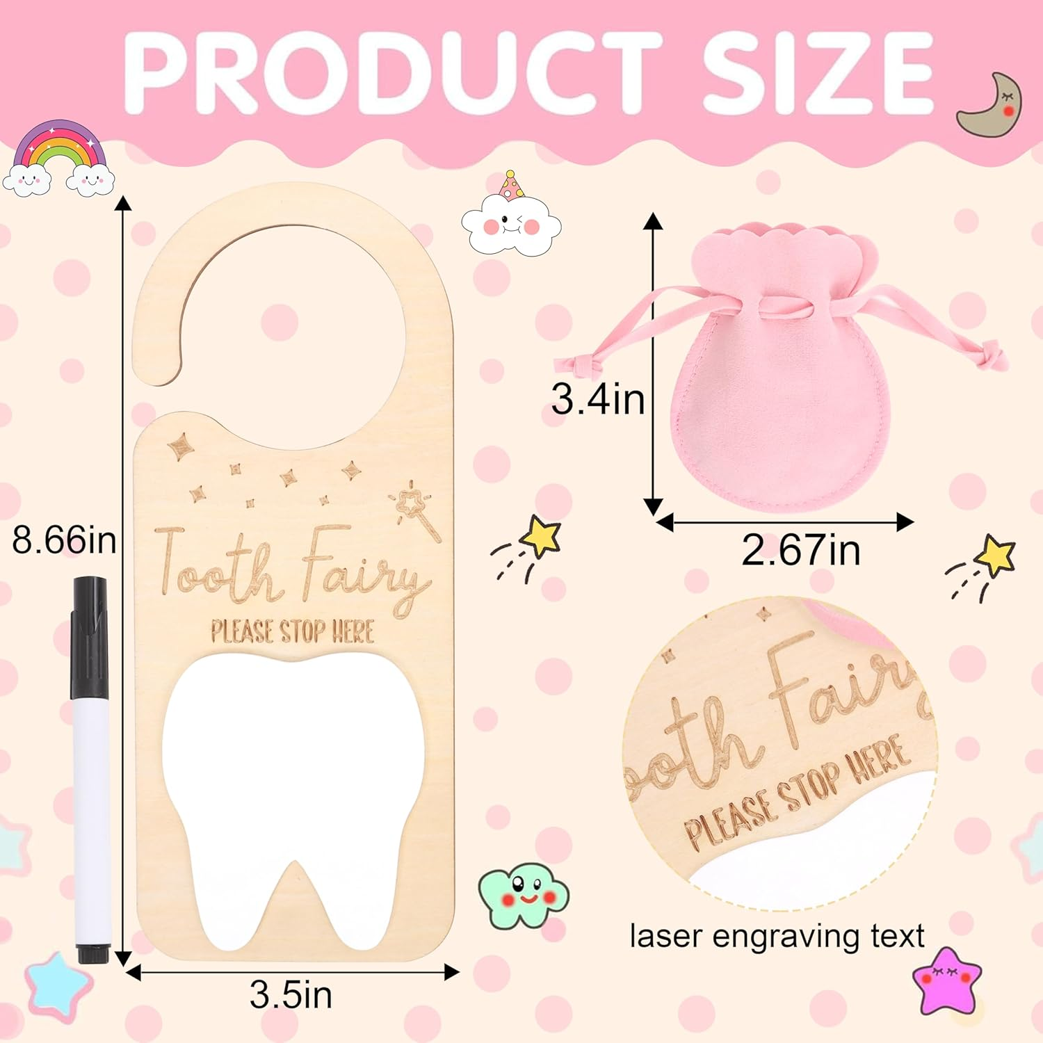 Tooth Fairy Door Hanger - Door Wooden Hanger Decoration , Tooth Fairy Money Holder , Personalized Tooth Holder Bag , with Money Holder Tooth Fairy Pick up Box (Door Hanger Pink)