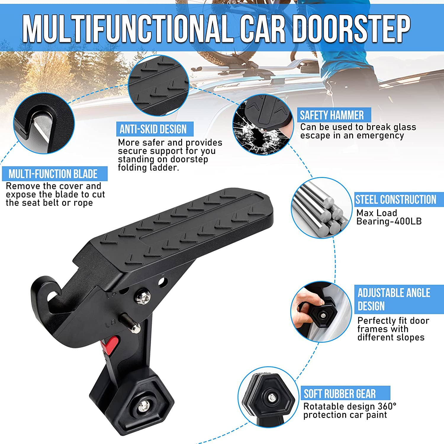 OPP ULITE Car Doorstep Foldable, Multifunction Universal Vehicle Hooked Folding Ladder Foot Pegs Pedal Easy Access to Car Roof Top for Most Car SUV JEEP Trucks Vans Vehicle image number 3