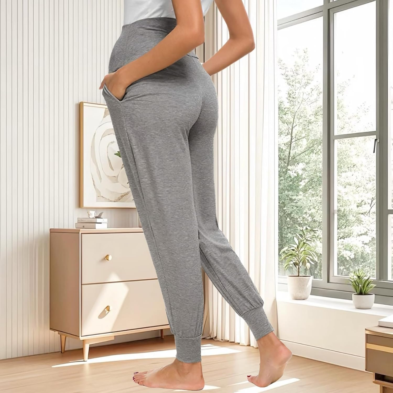 Women'S Maternity Joggers over the Belly Pregnancy Trousers Stretchy Sweatpants with Pockets Workout Sports Activewear Loungewear Maternity Clothes Pants image number 6