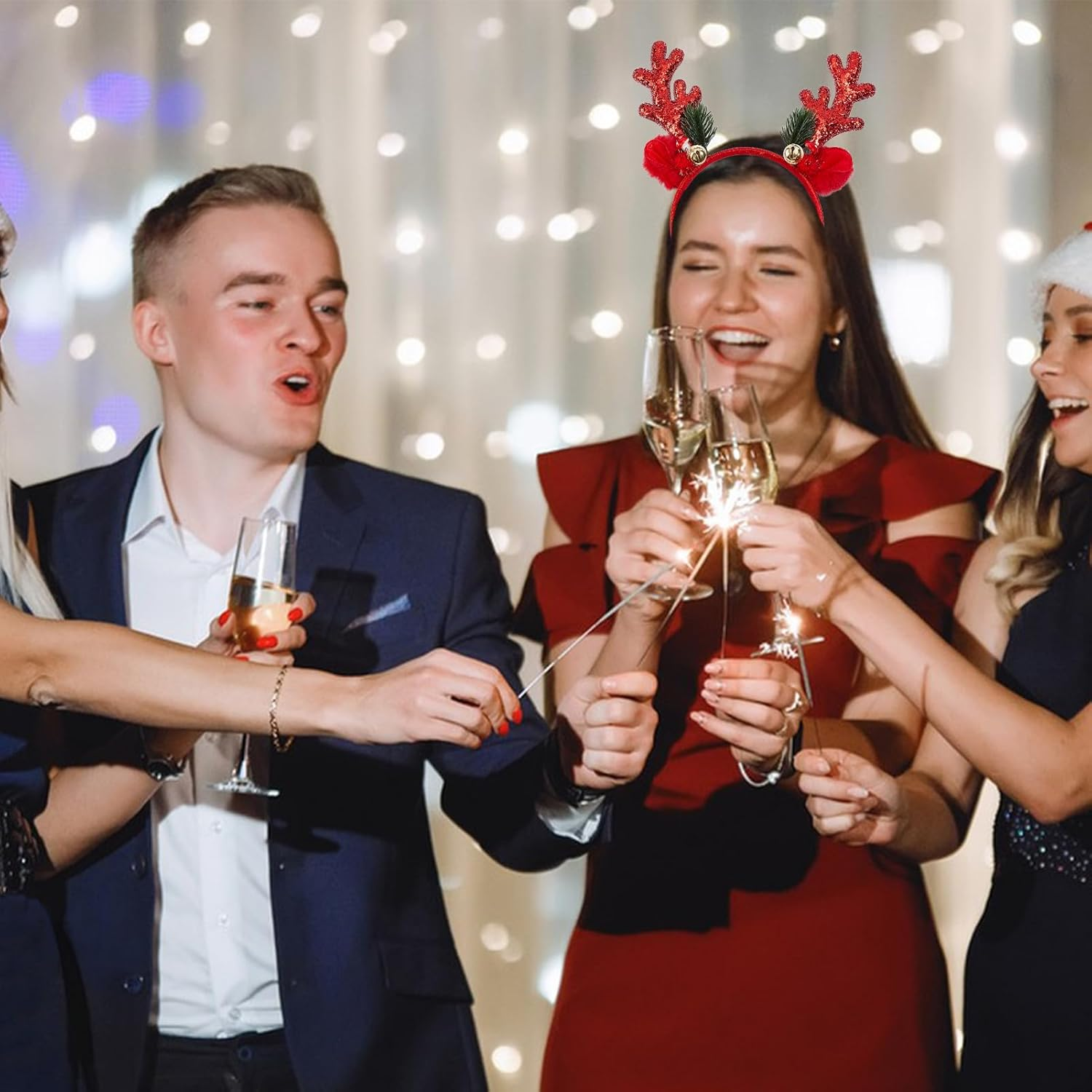 NICENEEDED Reindeer Antlers Headband Red Sequins Christmas Headbands with Deer Antlers Halloween Party Cosplay Costume Decorations for Adults