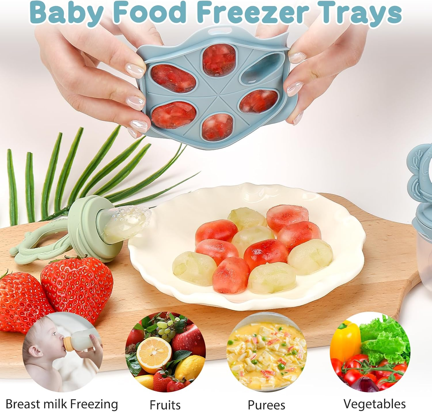 Breastmilk Popsicle Molds, with Baby Food Feeder and Freezer Tray, Additional Silicone Sacs, BPA Free Silicone Feeder for Safe Infant Self Feeding, for Teething Babies and Self-Feeding Babies image number 1
