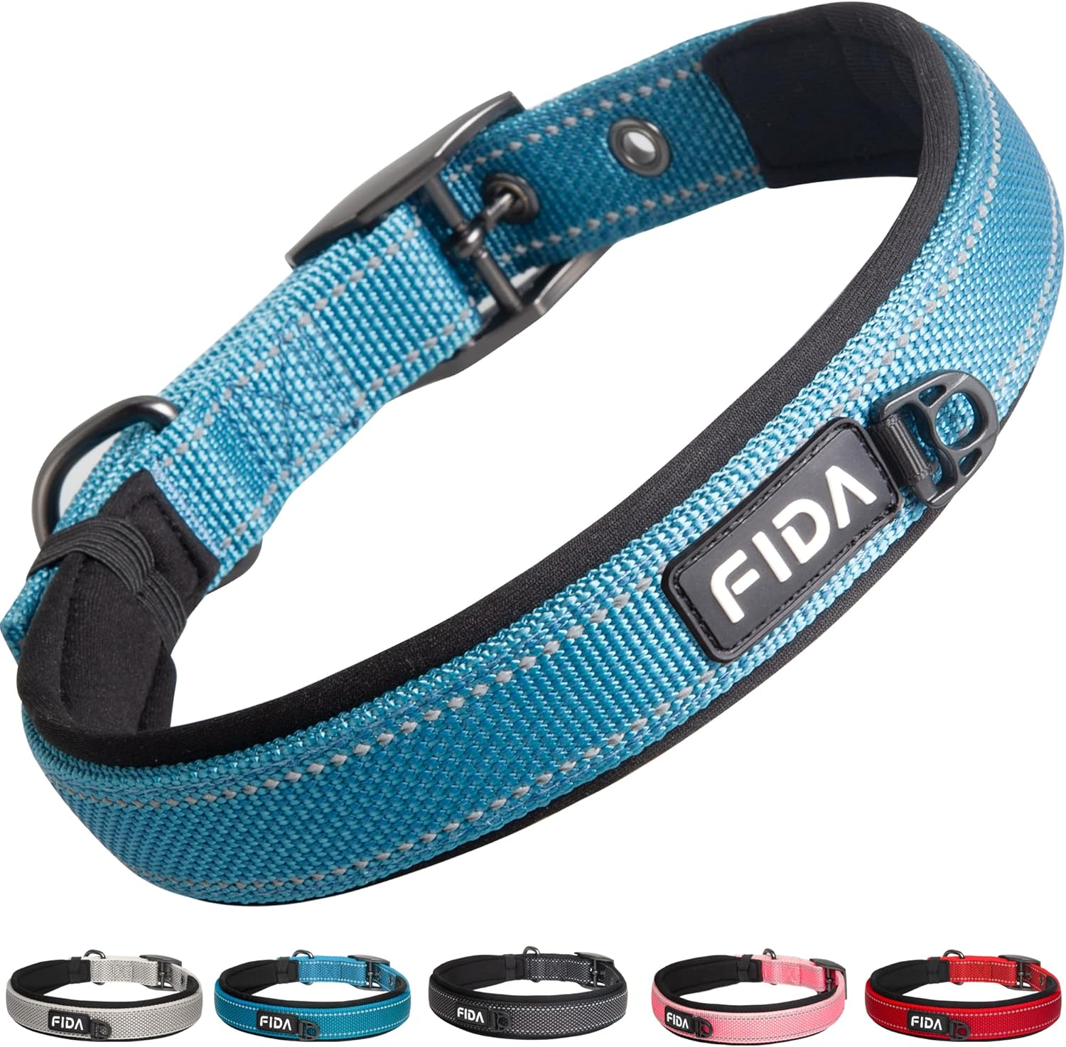 Fida Heavy Duty Dog Collar, Ultra Comfortable Soft Neoprene Padded, Adjustable Reflective Nylon Pet Collar with Durable Metal Belt Buckle for Medium Breeds (M, Blue) image number 2