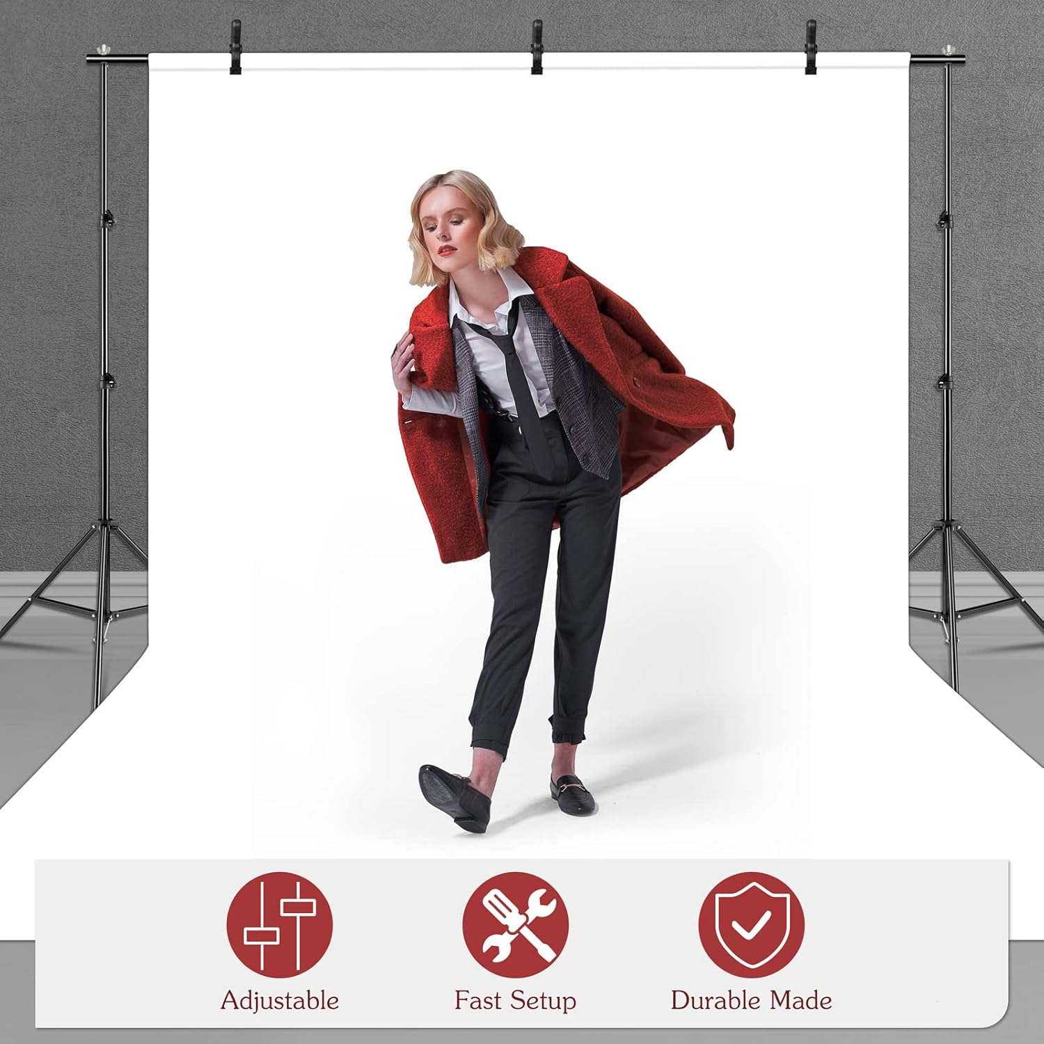 Kshioe Backdrop Support Stand 6.4X10Ft Photo Backdrop Stand Adjustable Photography Studio Background Support System Kit with Carrying Bag and 3 Clamps for Photo Video Shooting, Wedding, Party image number 3