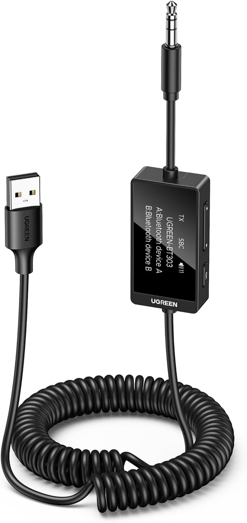 UGREEN Bluetooth 5.4 Transmitter Receiver, 2-In-1 3.5Mm Aux to USB Adapter, Built in Mic, Handsfree Calls, Driver Free, Wireless Bluetooth Adapter Compatible with Car Speakers Home Stereo Headphones