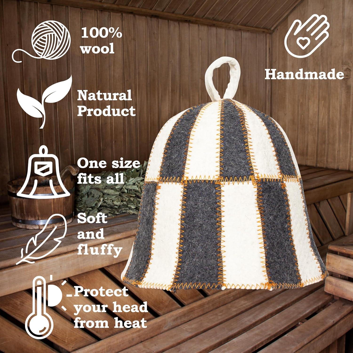 ASKOLD 2 Pcs Wool Sauna Hats Checkered Sauna Accessory - Sauna Hat Cap for Men Women Wool Sauna Hat Banya Hat for Men Women image number 4