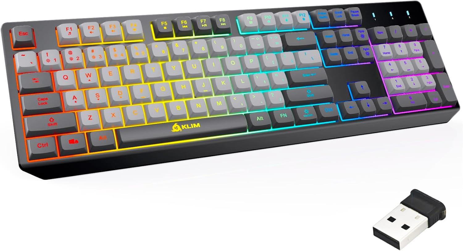 KLIM Chroma Wireless Gaming Keyboard RGB - Backlit Wireless Keyboard - Long-Lasting Rechargeable Battery - Quiet Water Resistant Ergonomic Keyboard - Teclado Gamer - PC PS5 PS4 Mac - Gray/Black