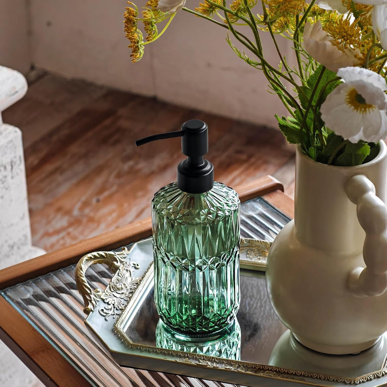 Glass Soap Dispenser 2-Pack (350ML Each) - Green with Black Stainless Steel Pump, Refillable Kitchen & Bathroom Dispensers for Dish Soap, Hand Soap, Lotion Cottagecore Style image number 1