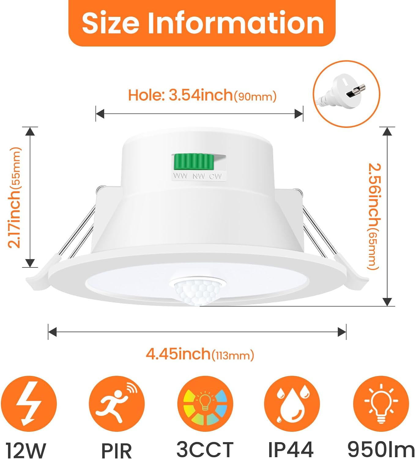 ALUSSO 12W LED Motion Sensor Downlight,3Cct 3000K 4000K 6500K 90-100Mm Cutout,Ip44 Suitable for Stairway Corridor Balcony,1 Pcs,White image number 1