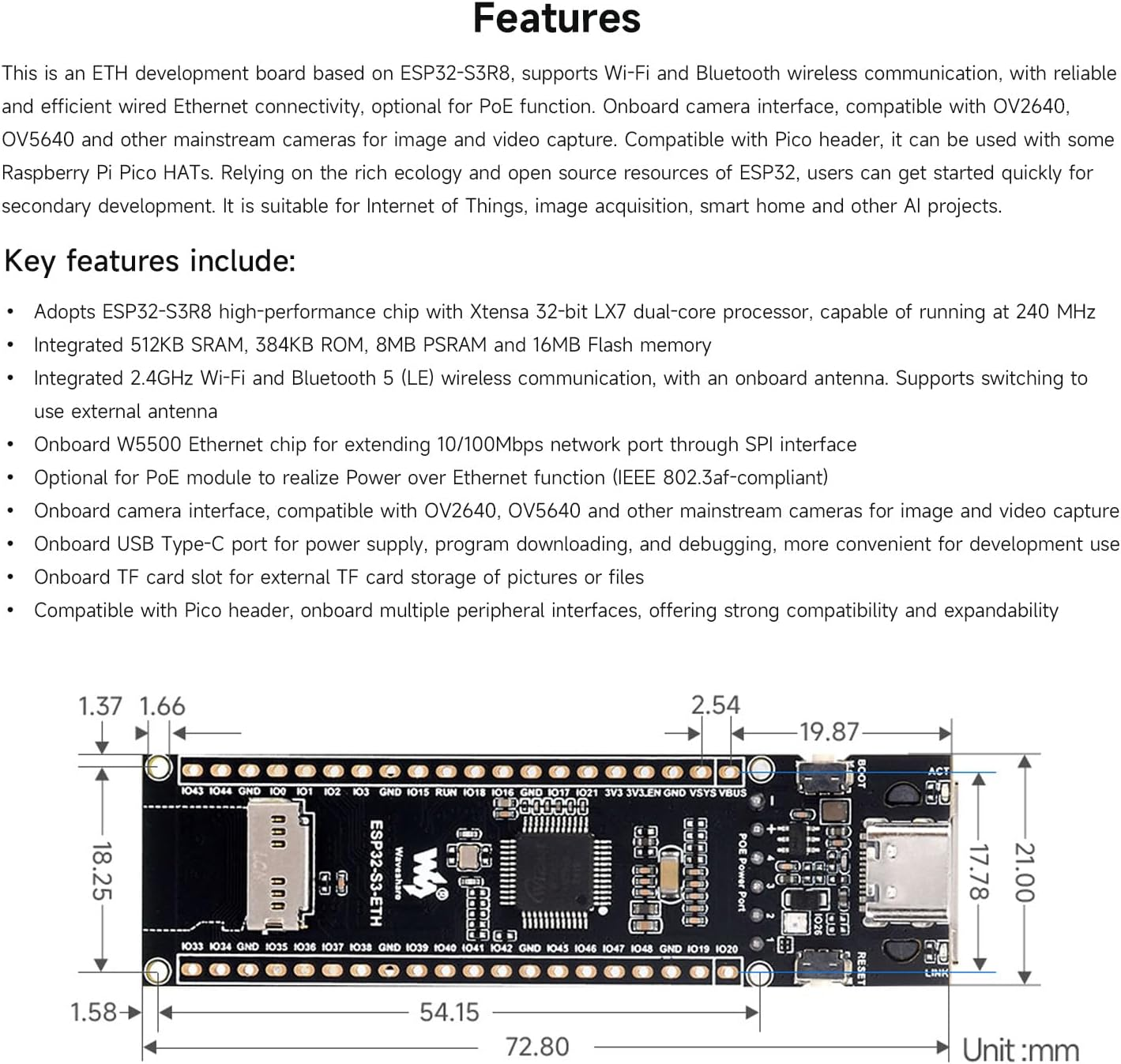 Waveshare ESP32-S3 ETH Development Board, 10/100Mbps RJ45 Ethernet Port, Wi-Fi & BT Support, 240Mhz Dual Core Processor, Onboard Type-C Port and TF Card Slot, OV2640 Camera+Poe Module image number 4