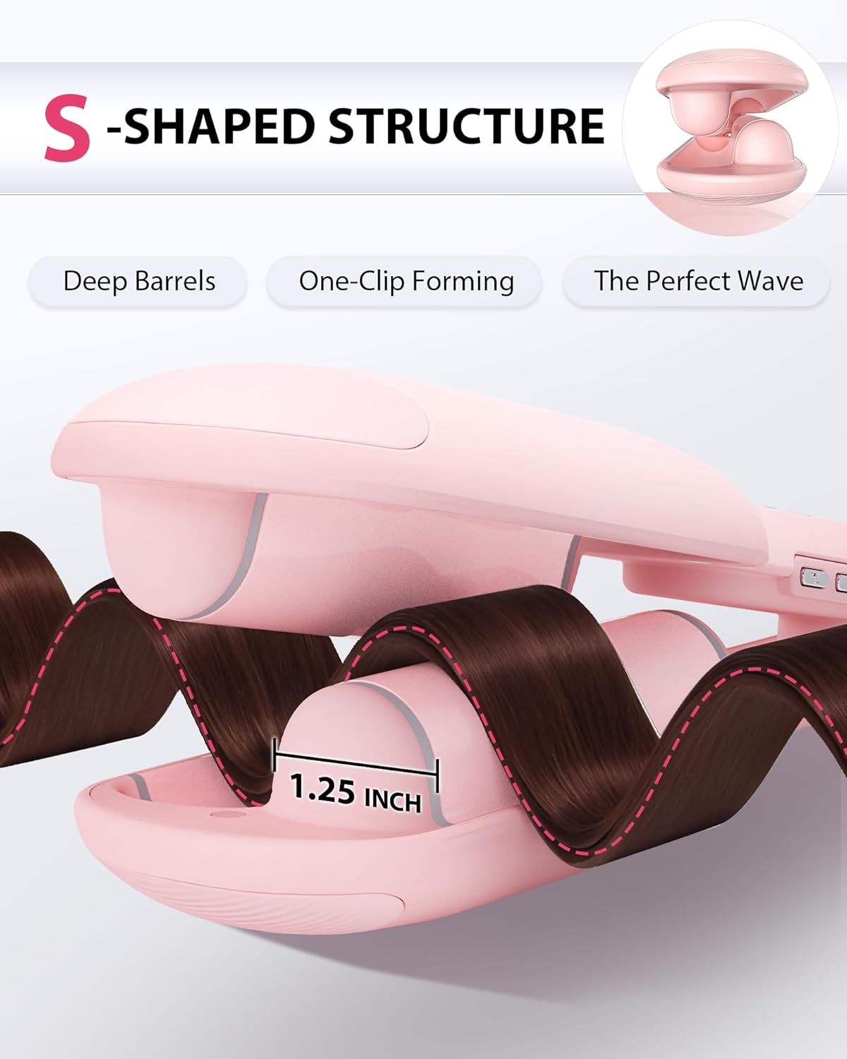 NOVUS Waver Curling Iron, Beach Waves Curling Wand, Ionic Hair Waver with Anti-Scald Hair Crimper, Easy to Use, 2 Barrel Hair Crimper for All Hair Types Women, Pink, 1.25 Inch image number 2