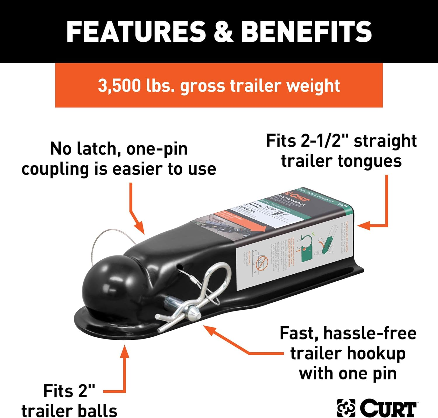CURT 25471 Quickpin No-Latch Trailer Coupler for 2-Inch Hitch Ball, 2-1/2-In Channel, 3,500 Lbs image number 3
