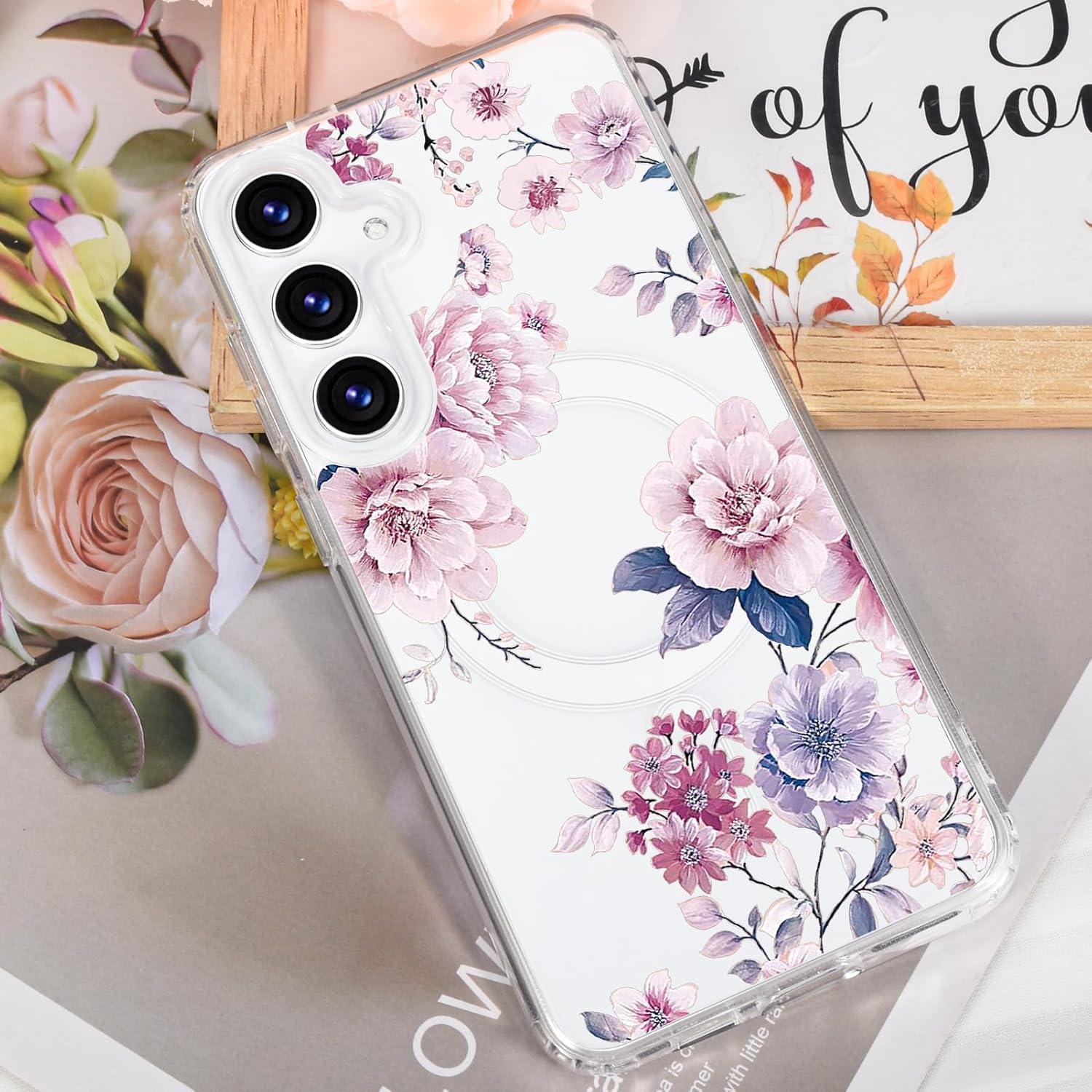 Tcaraersing for Samsung Galaxy S24 6.2" Magnetic Flower Case - Floral Pattern Shockproof Cover with Magsafe Compatibility, Slim Hard PC Back & Soft TPU Edge for Women & Girls, Peony image number 4