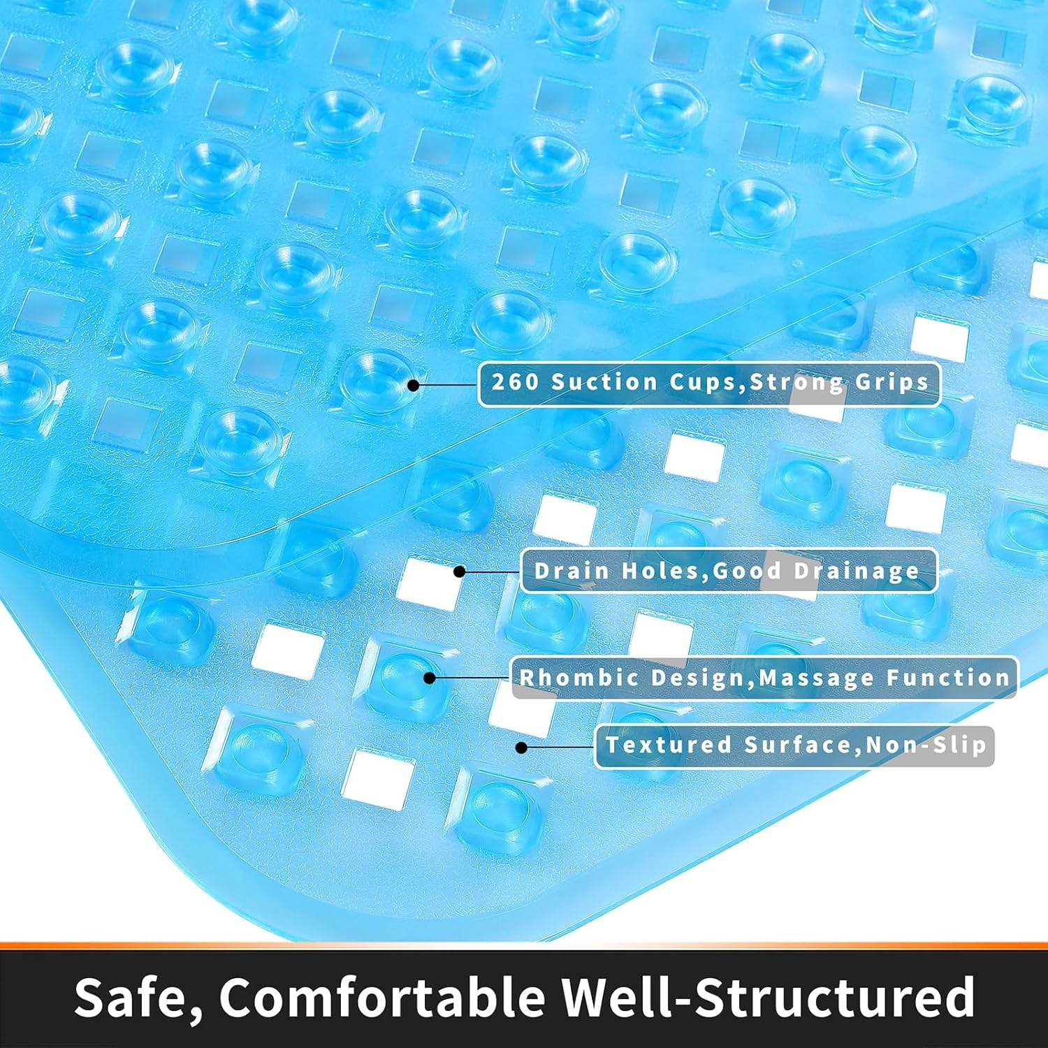 YUTA Bath Tub and Shower Mats, Non-Slip and Latex Free, Bathtub Mat with Suction Cups, Machine Washable Bathroom Mats with Drain Holes, 40X88Cm, Blue - All Clear image number 3