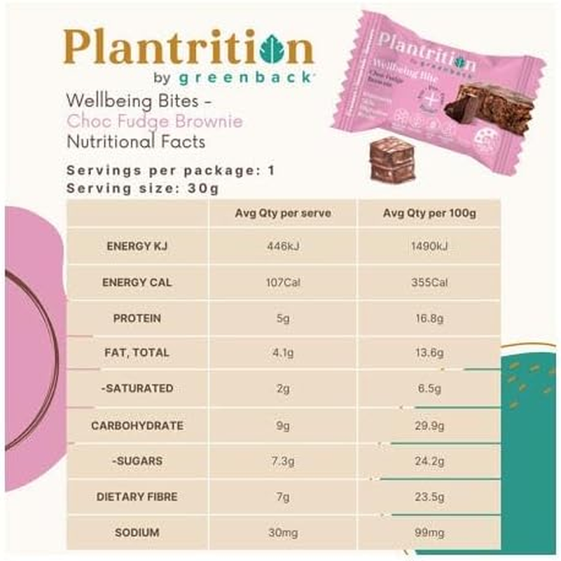 Plantrition Wellbeing Bite - Choc Fudge Brownie 30G Box of 12 Bites, High Protein, High Fibre, Gluten Free, Gut Health, Vegan Friendly, Dairy Free