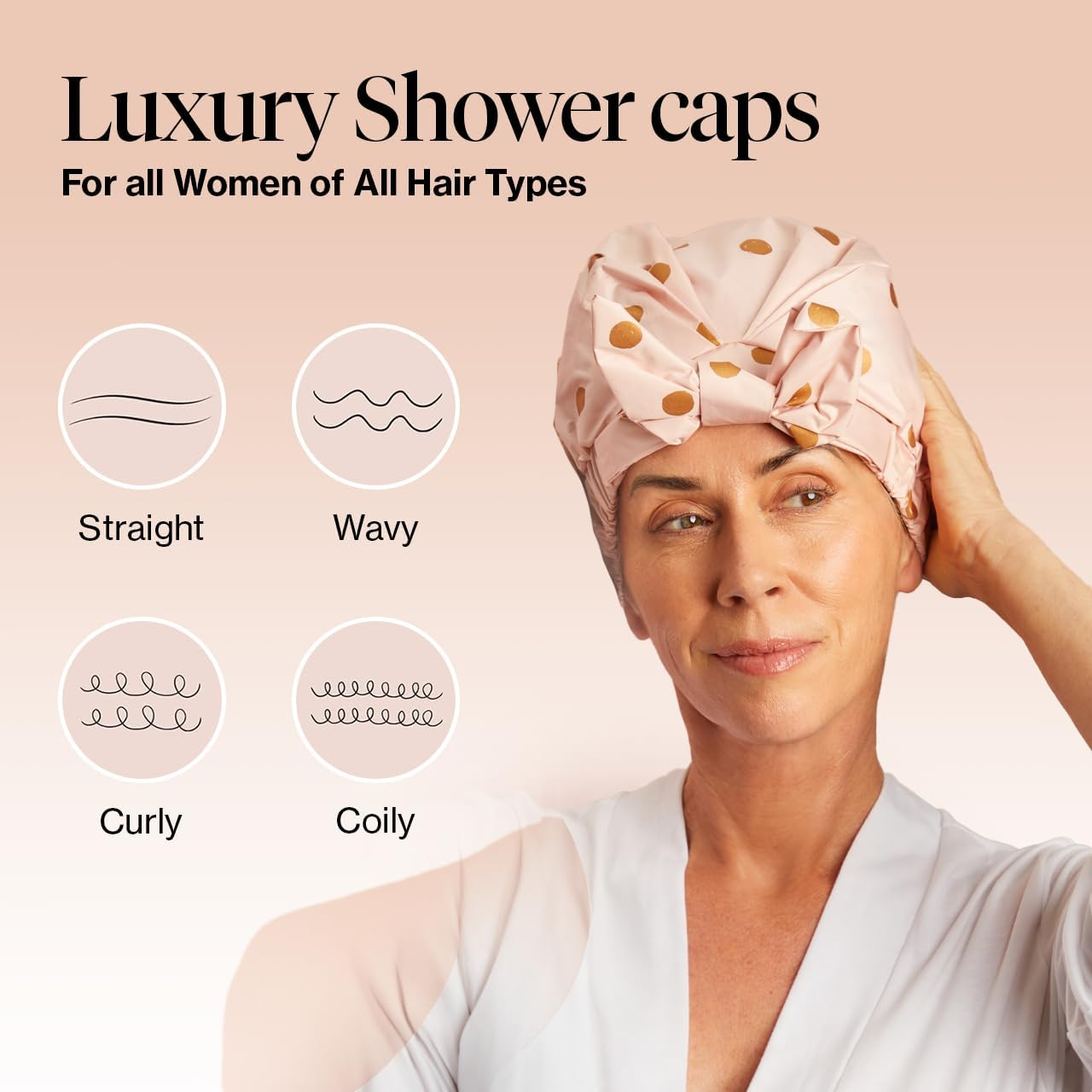 Kitsch Luxury Shower Cap for Women - Reusable Shower Cap for Long Hair with Non Slip Silicone Grip | Waterproof Hair Cap for Shower One Size | Stylish Hair Cover for Shower (Blush Dot) image number 2
