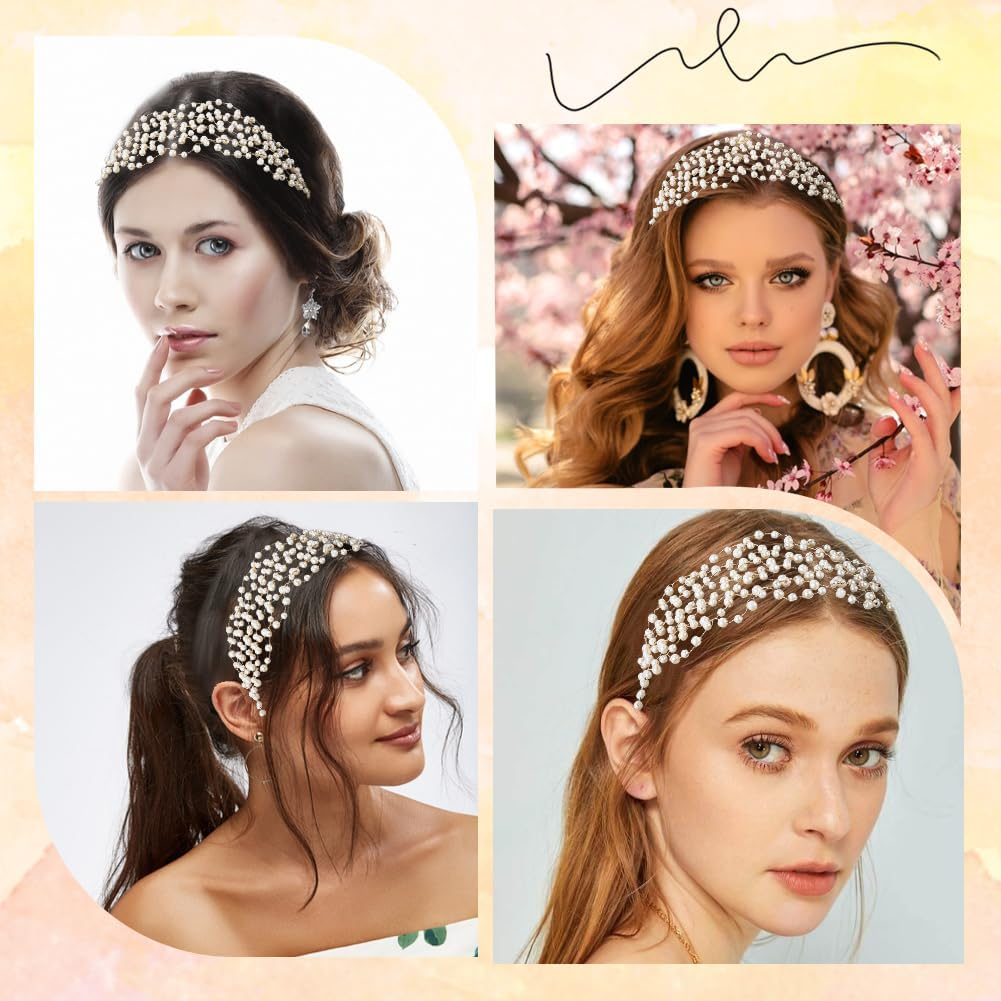 CABODYALS Bridal Headpiece with Faux Pearls White Gold Vintage Boho Beads Headband Brass Wedding Jewellery Decorative Hair Tendril Headbands for Women Dresses Birthday Party Anniversary Accessories image number 3