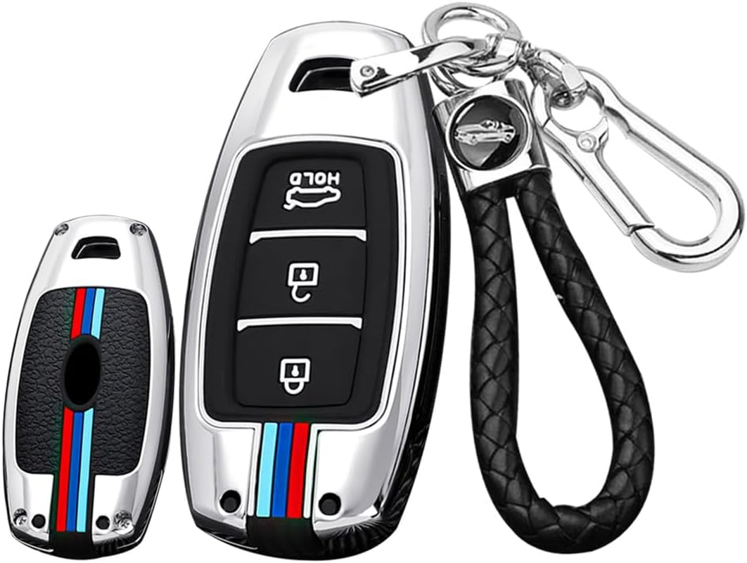 Ontto Metal Car Key Fob Cover Fit for Hyundai I30 Ix35 Kona Elantra Solaris Azera Accent Palisade Santa Fe Remote Key Case Keyring Silicone Key Shell Holder Bag Keychain Accessories 4 Button-C Silver