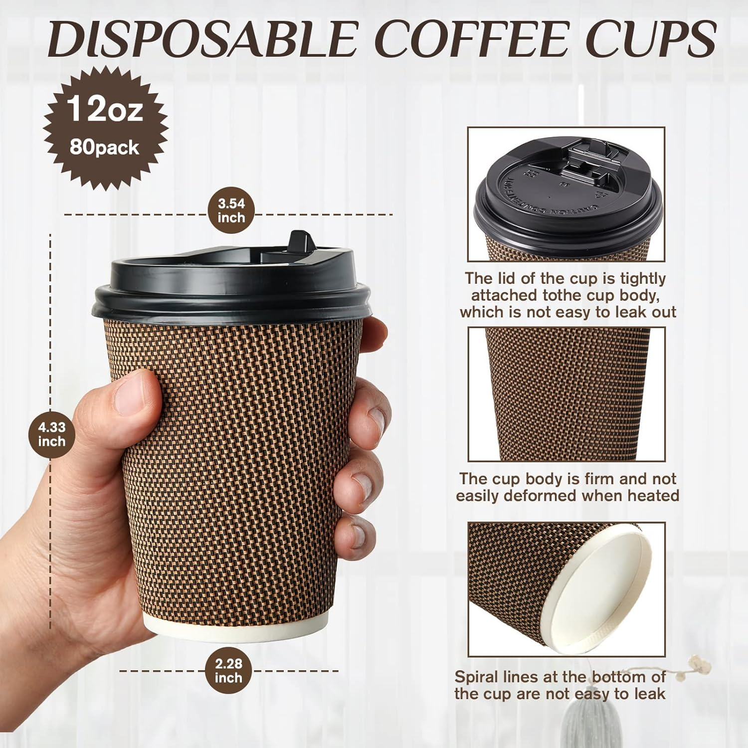 MOTYYA 12 Oz Paper Coffee Cups with Lid and Straws, Disposable Leakfree Anti-Slip Anti-Spill Insulated Triple Wall Togo Takeaway Paper Cups for Hot Cold Drink Chocolate Juice Tea [Black Lid, 50 Packs] image number 1