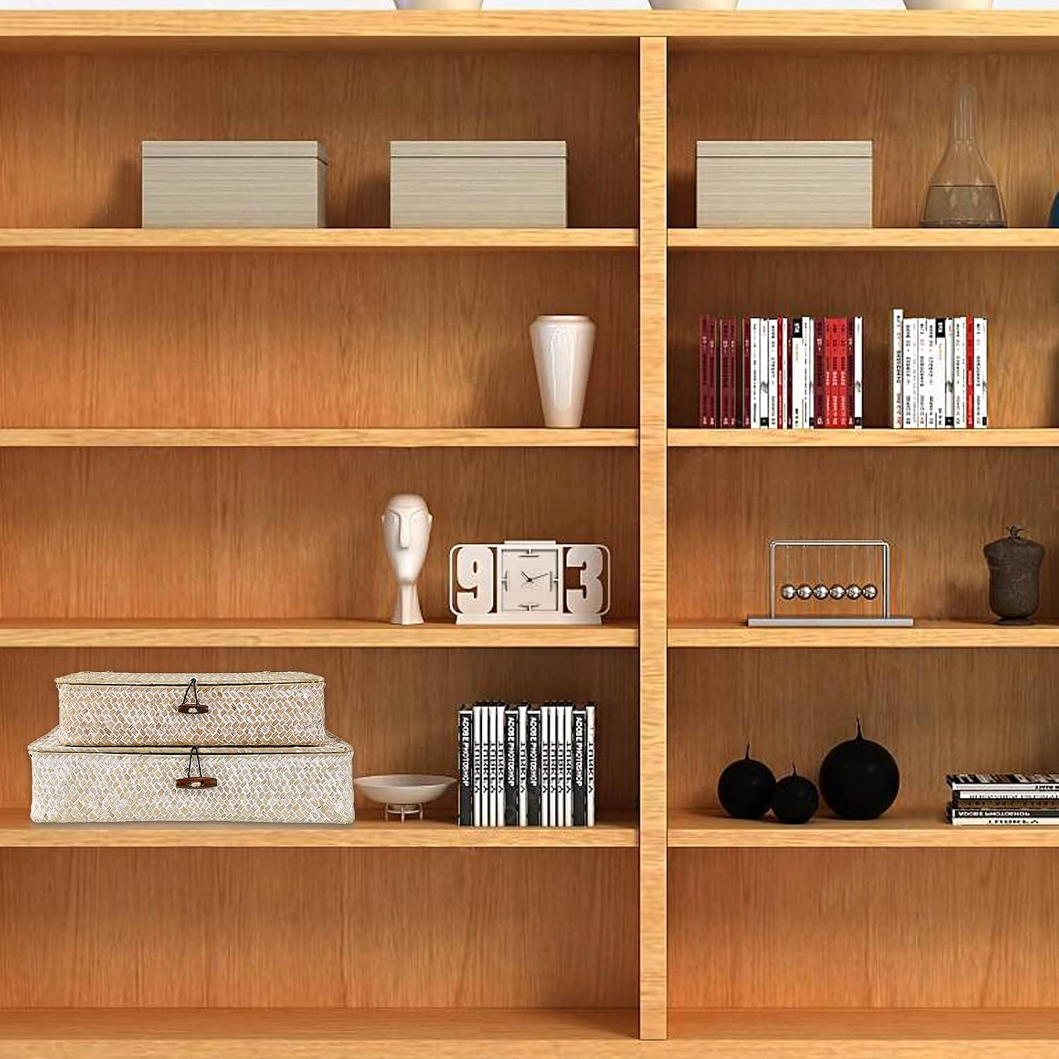 SUMNACON 2 X Rattan Baskets Made of Natural Seagrass with Lid Handmade Storage Box Storage Baskets Organiser Basket for Kitchen Bathroom Bedroom Large + Small (Rectangular, White) - White image number 5