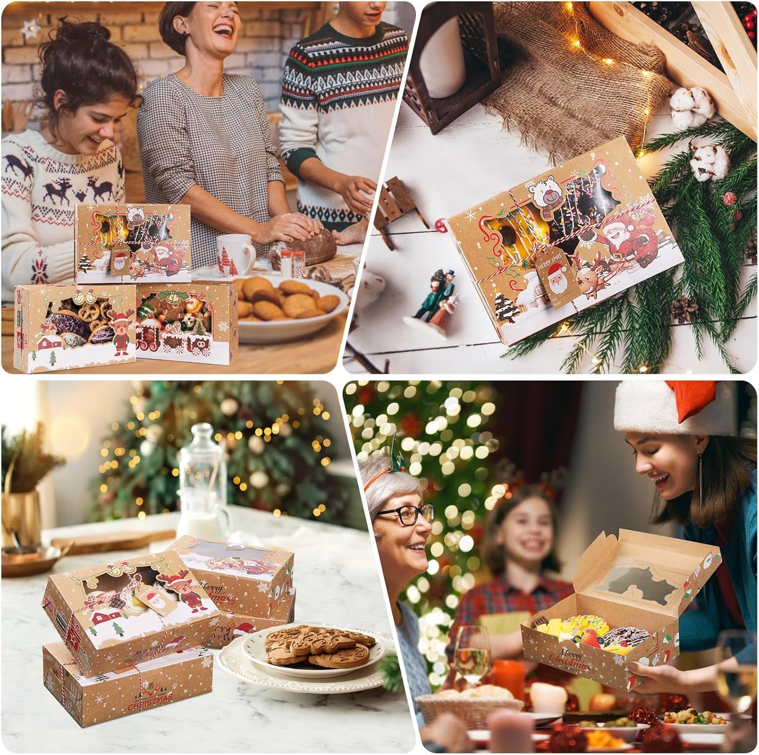 12Pcs Christmas Cookie Gift Box Treat Boxes, Large Rectangle Christmas Kraft Paper Food Container for Gift Wrapping Supplies, Cute Santa Small Christmas Box image number 6