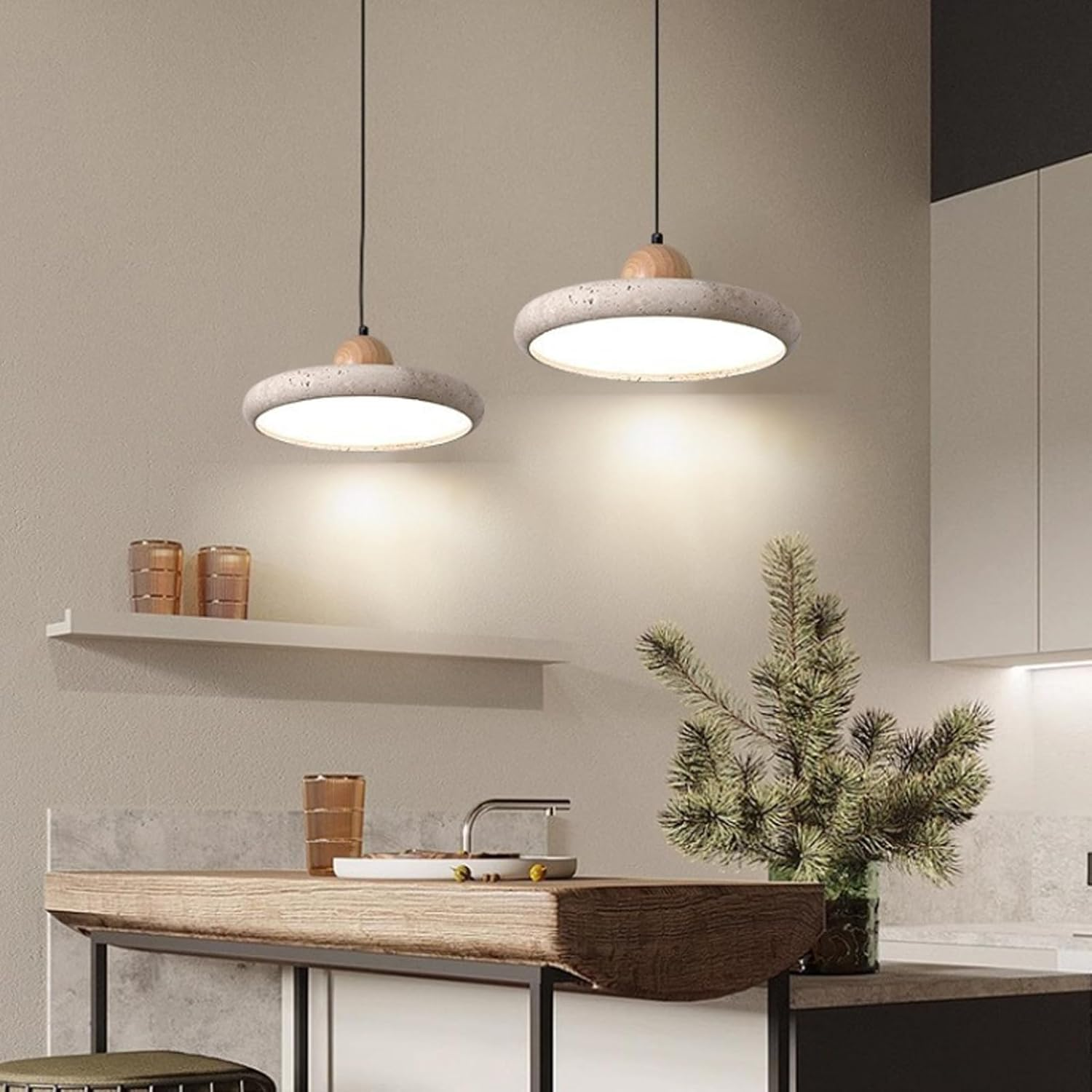 Natural Stone Pendant Light &ndash;Adjustable Hanging Light for Kitchen Island Dining Room Living Room, French Travertine Ceiling Light Fixture with LED, Modern Minimalist Design (B,M) image number 4