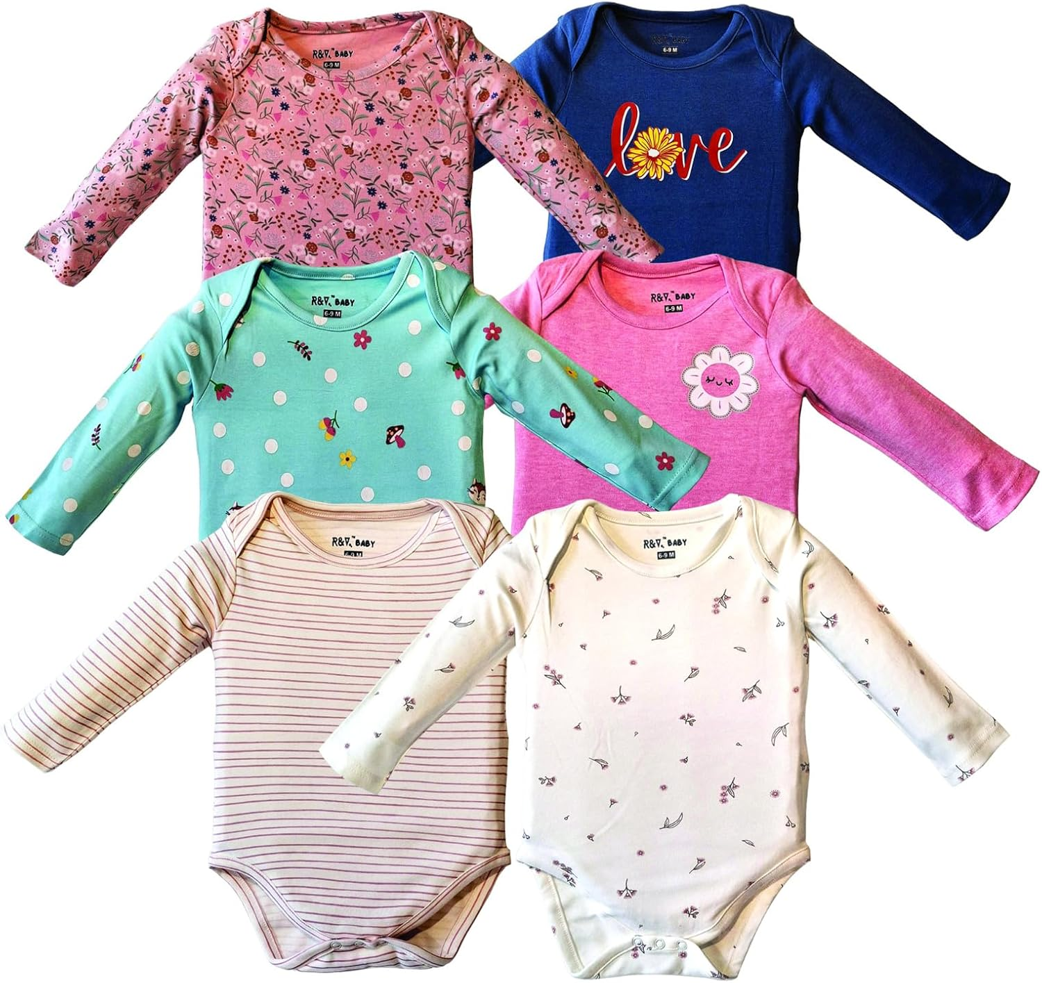 Baby 6 Piece Bodysuit with Floral-Themed Print, Long Sleeves, 100% Cotton (Pack of 6)