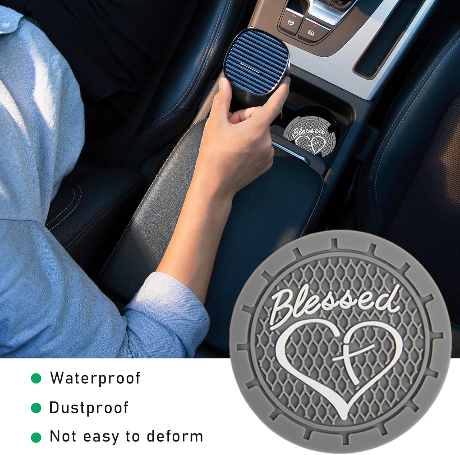 4PCS Car Cup Holder Coaster, Non-Slip PVC Insert Cup Coaster, 2.76 Inch Blessed Cross and Heart Christian Auto Drink Cup Mat, Universal Interior Accessories for Women Girls (Gray)