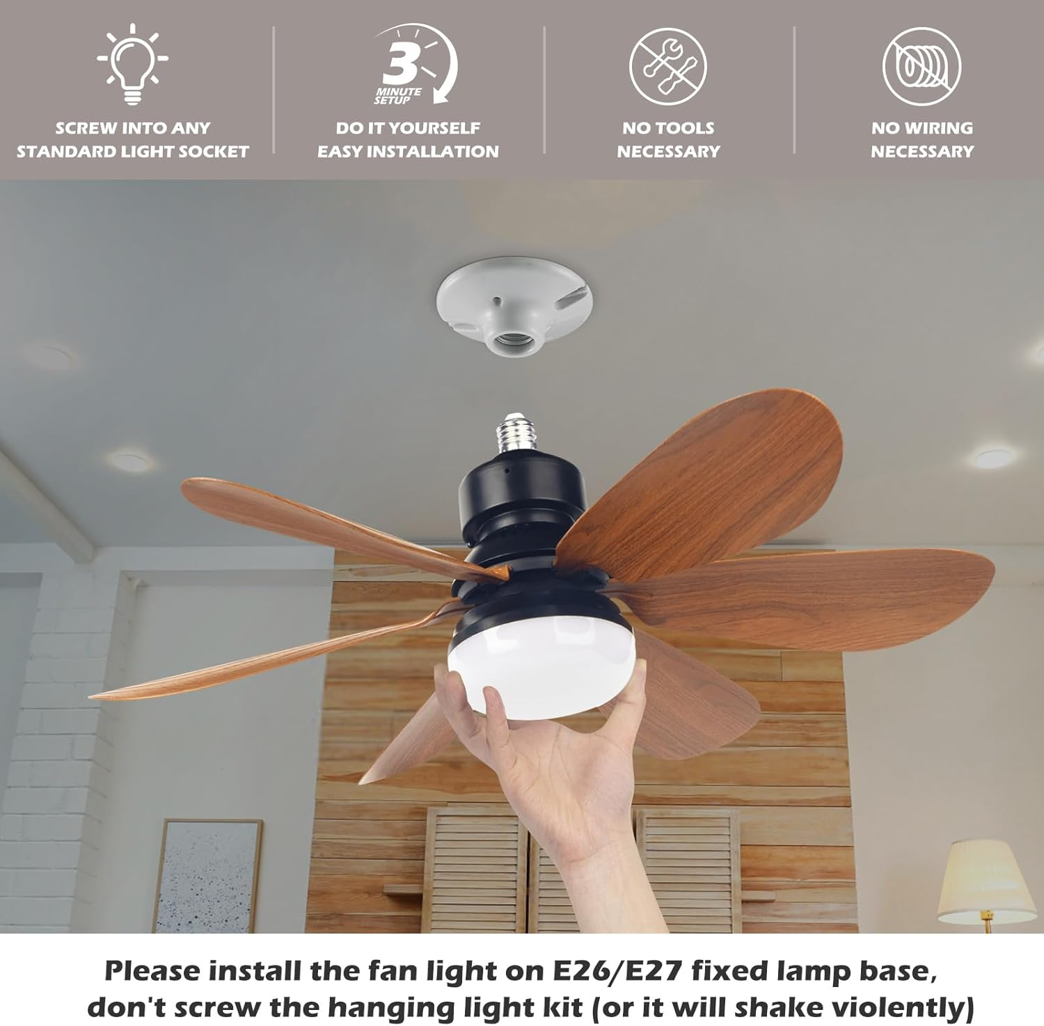 EEK Socket Fan Light with Ultra Quiet Design, 20.5&Prime; Ceiling Fans with LED Lights and Remote, Screw in Fan Light for E26/E27, 3 Speeds 3 Colors 3000-6500K,1200 Lumens for Living Room (Woodgrain) - Woodgrain image number 6
