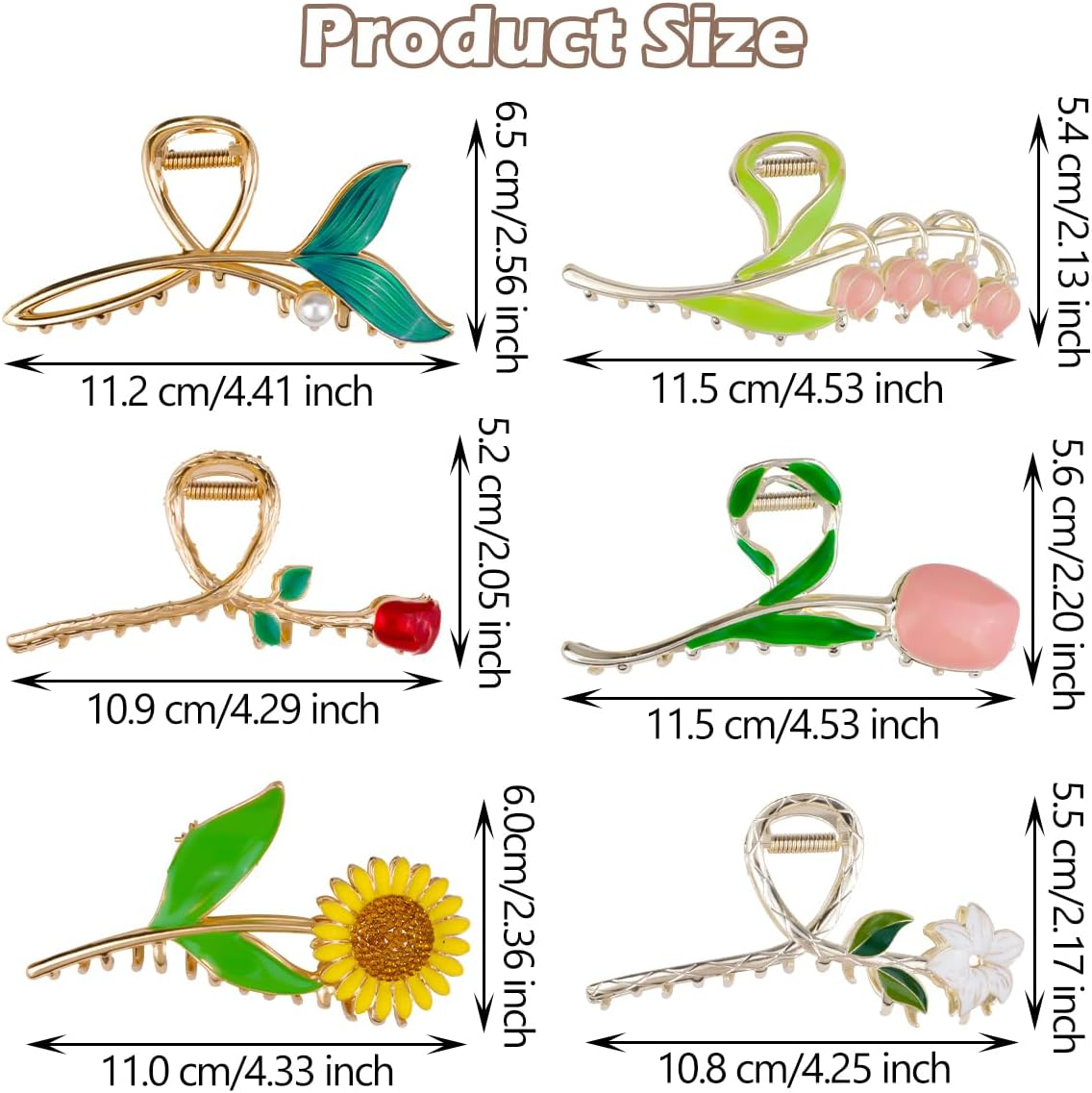 6 X Metal Hair Claw Clips, HAOTIAN-X Gold Cute Hair Claw, Large Sunflower Tulip Hold Hair Pine, Floral Non-Slip Hair Clips Hold Clips, Fashion Hair Catching Clips Barrettes image number 6