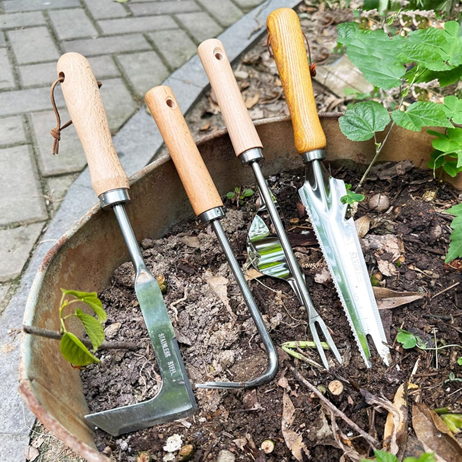 Shgarden Weed Puller Tool 4Pcs Crack Weeder Crevice Weeding Tool Stainless Steel Manual Weeder Paver Multifunctional Garden Crack Hand Weed Remover with Wooden Handle for Lawn Garden SH0082 image number 3