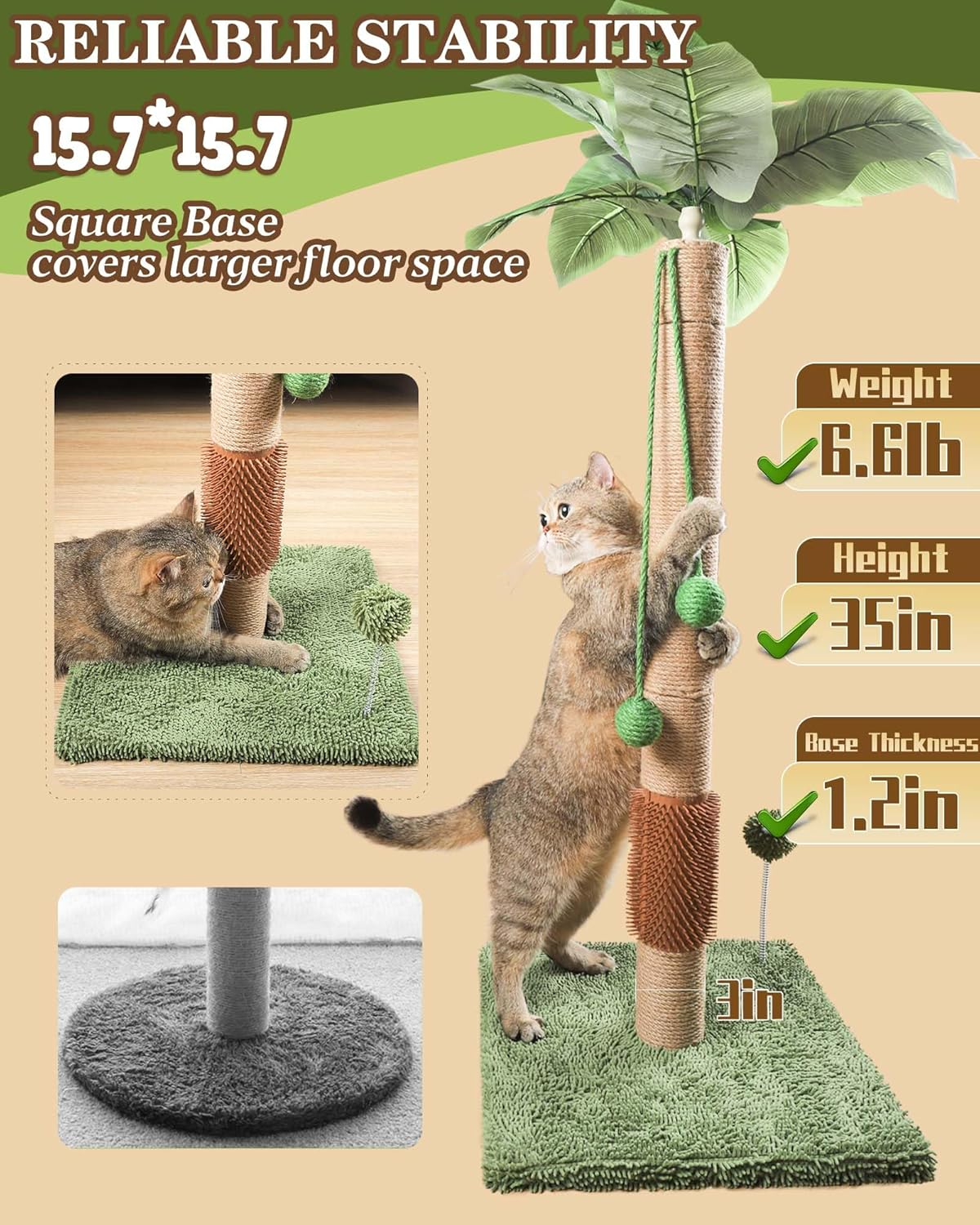 ANWA 35" Tall Cat Scratching Post for Kitten and Large Cats, Scratching Post for Indoor Cats with Self-Grooming Rubber Brush, Cat Sisal Post with Simulated Leaves image number 2