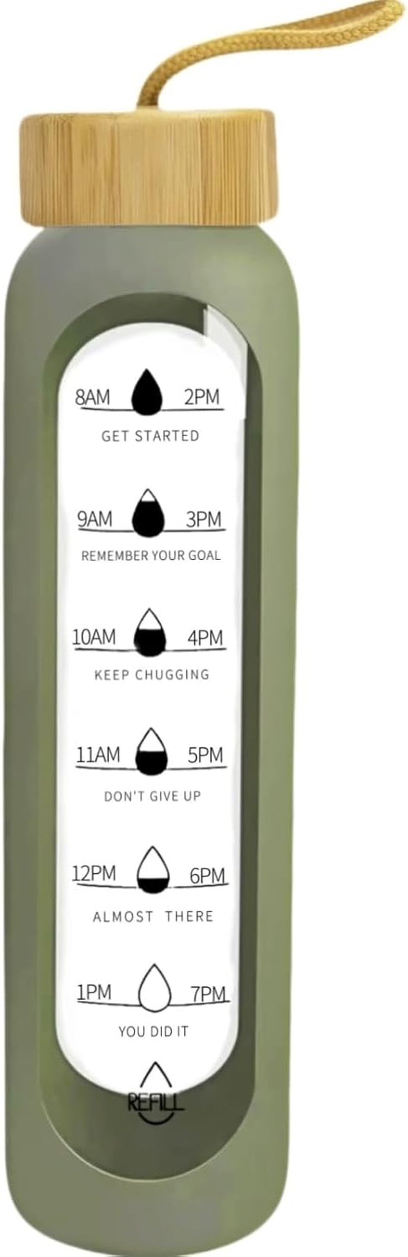 1Litre Glass Drink Bottle with Silicone Sleeve, Borosilicate Glass Water Bottle with Time Markings and Bamboo Lid, Wide Mouth (Army Green Silicone Sleeve, 1000Ml)