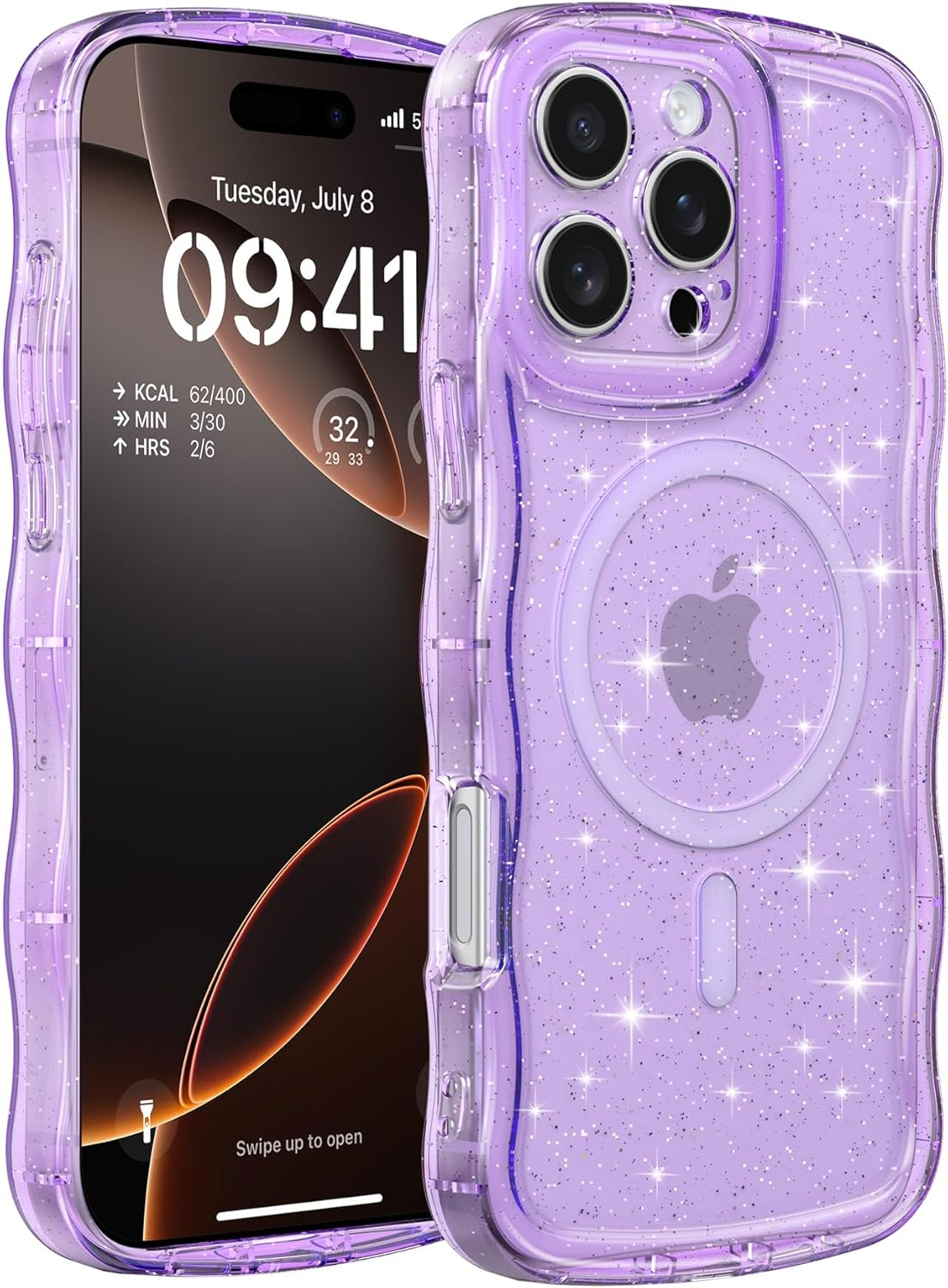ZTOFERA for Iphone 16 Pro Case, Compatible with Magsafe,Clear Cute Sparkly Bling Glitter Curly Wavy Frame for Women Girls Men,Phone Case for Iphone 16 Pro, Purple image number 3
