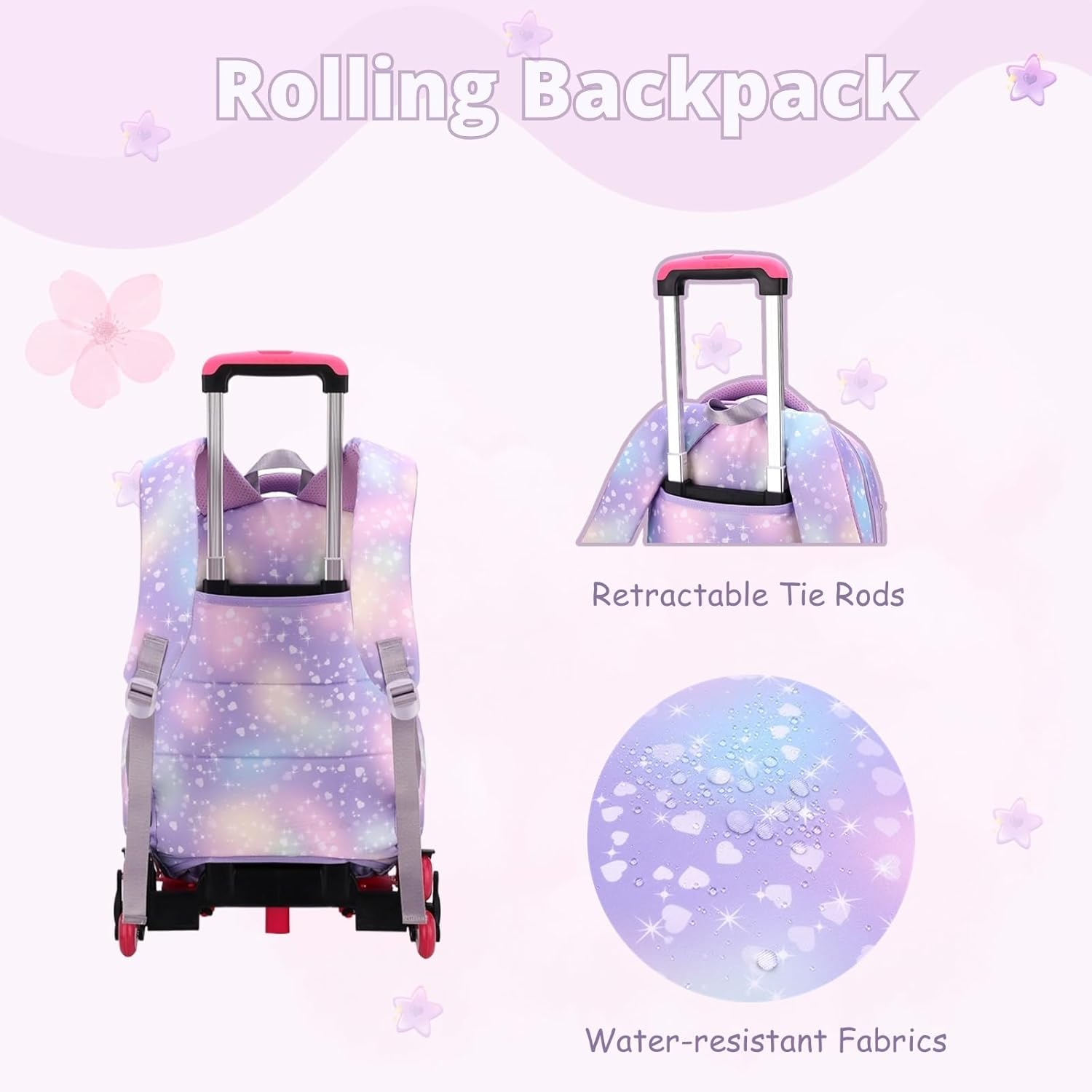 Dream Princess Wind Rolling Backpack for Girls Wheeled Travel Bag Trolley School Bag image number 6